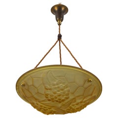 French Art Deco Frosted Amber Color Pendant Light Signed ROS, 1930s