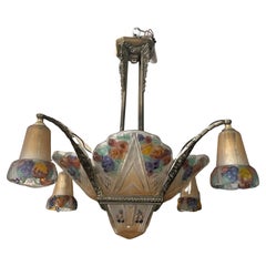 French Art deco Frosted Art Glass and Bronze Chandelier, 1930s