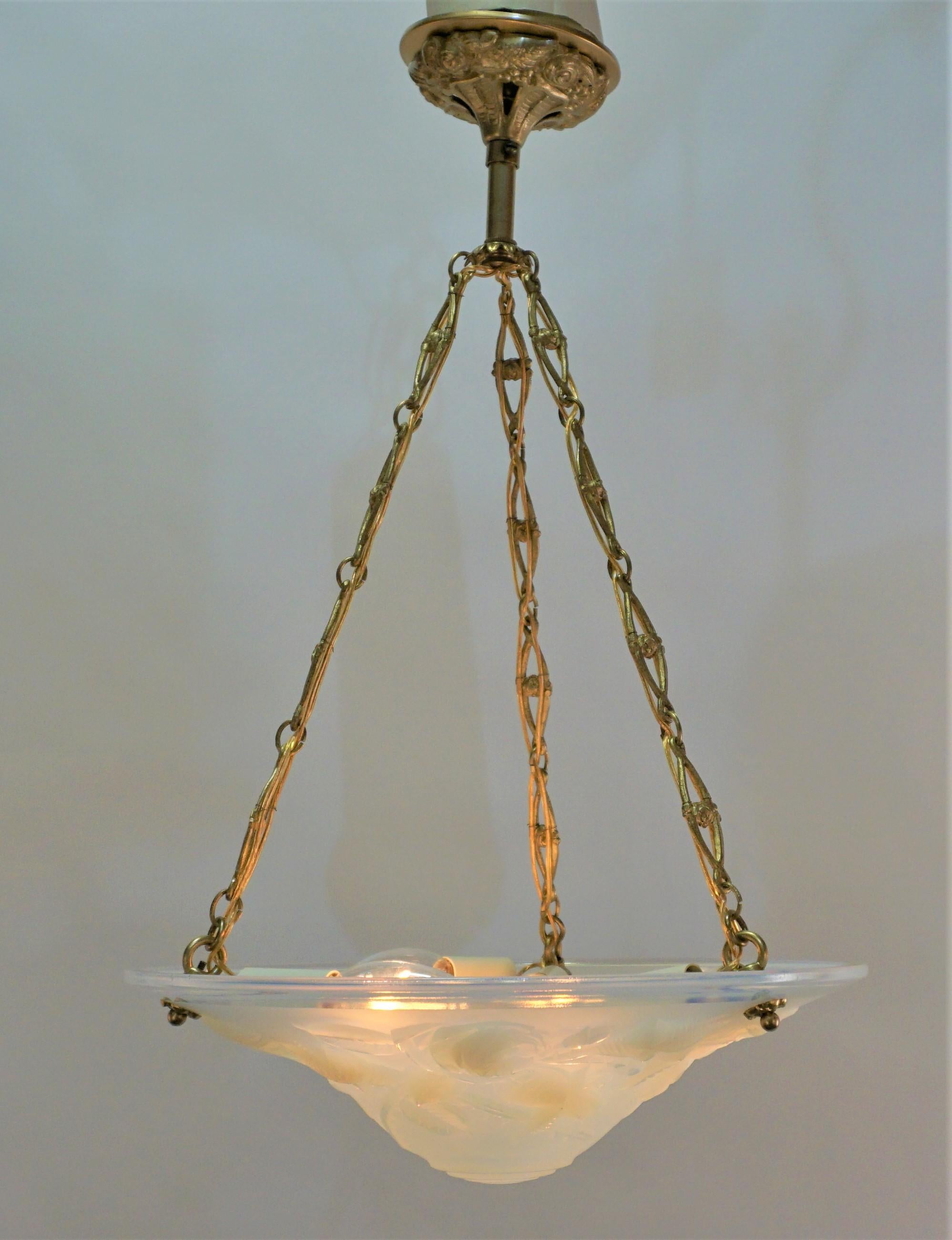 French Art Deco Frosted Art Glass Chandelier by P.  Maynadier In Good Condition For Sale In Fairfax, VA