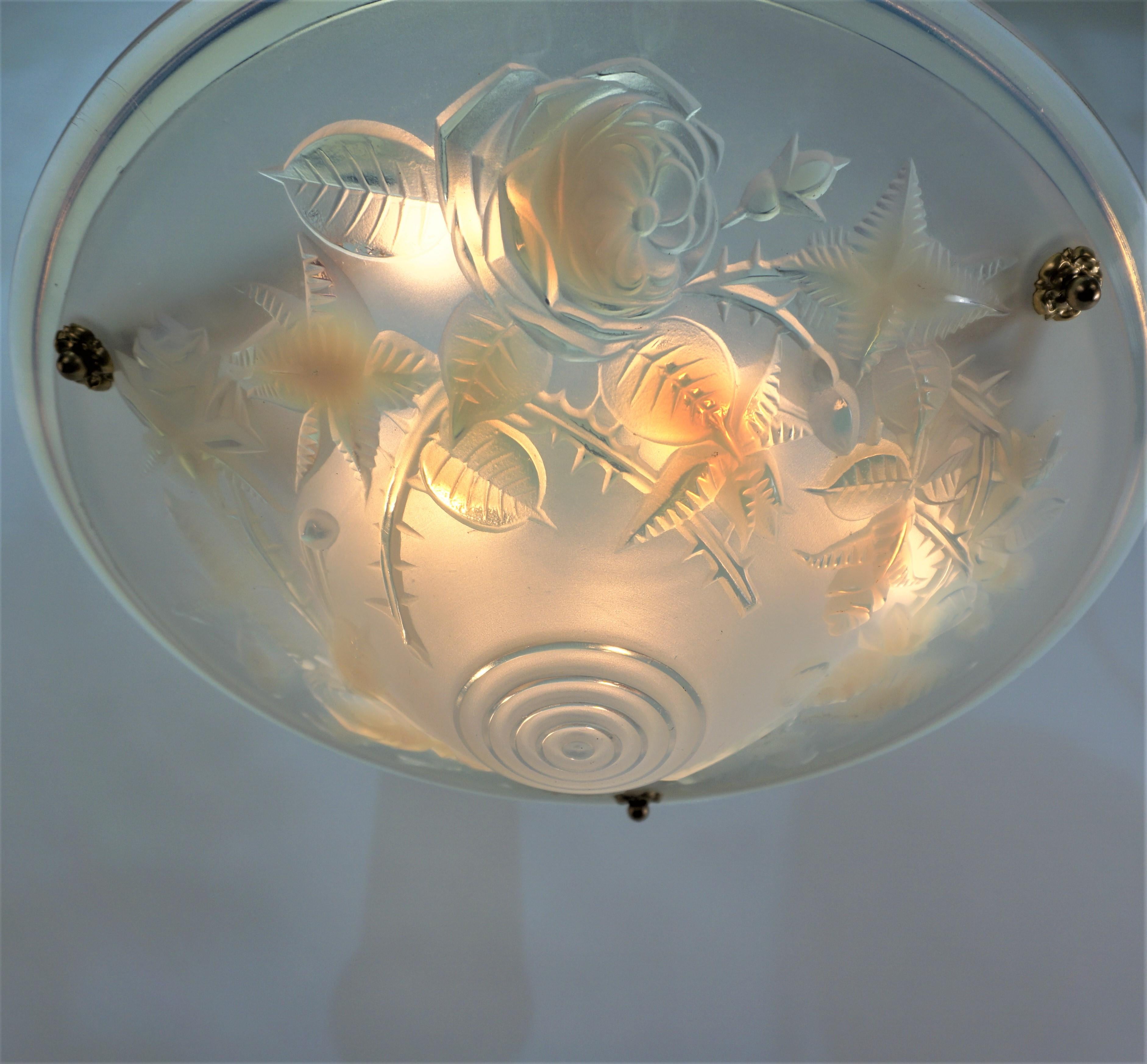 Bronze French Art Deco Frosted Art Glass Chandelier by P.  Maynadier For Sale