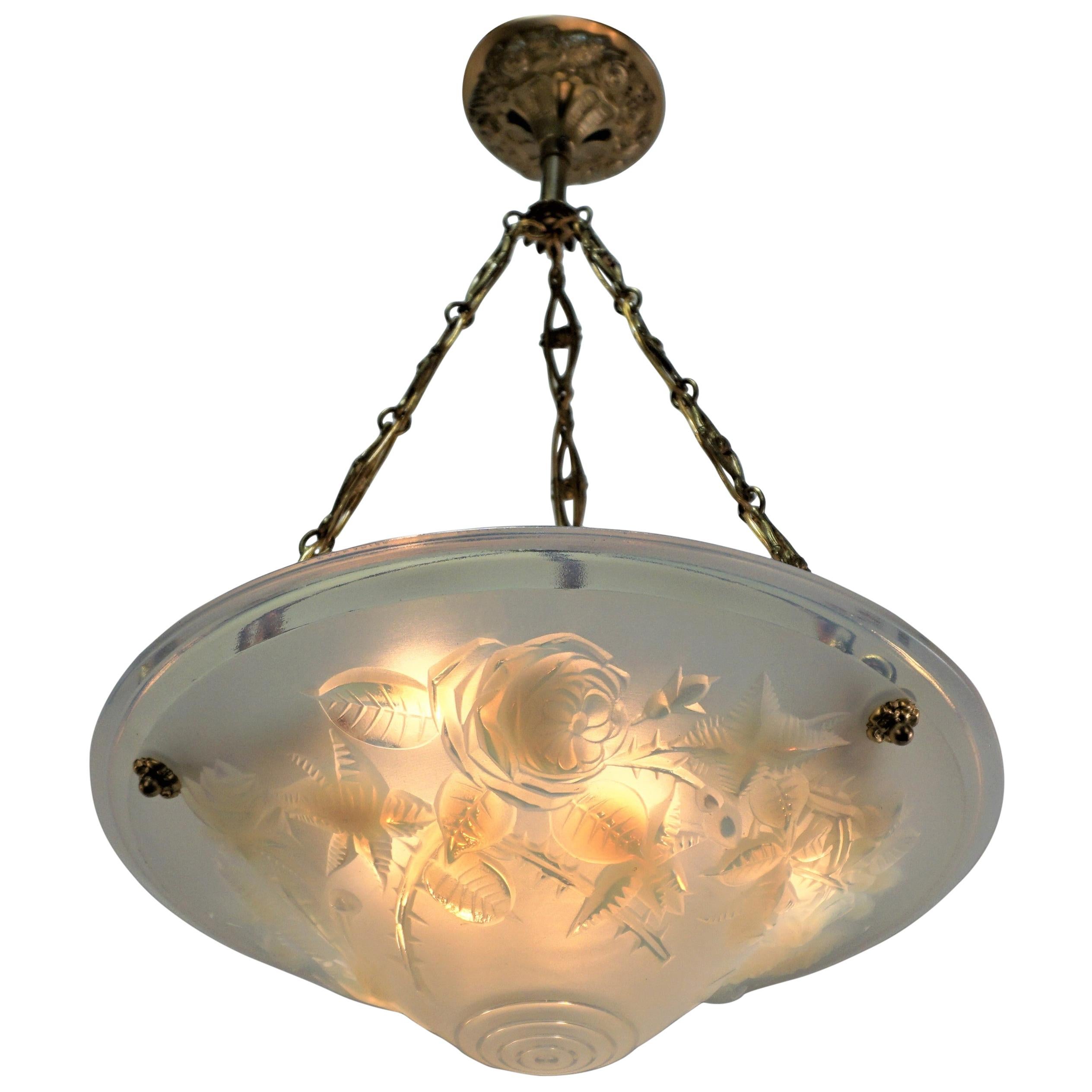 French Art Deco Frosted Art Glass Chandelier by P.  Maynadier For Sale