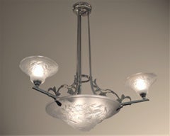 French Art Deco Frosted Art Glass Chandelier Signed Maynadier