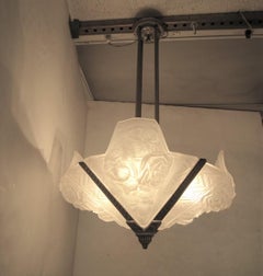 French Art Deco Frosted Art Glass Chandelier with Roses, Signed Verdun, France