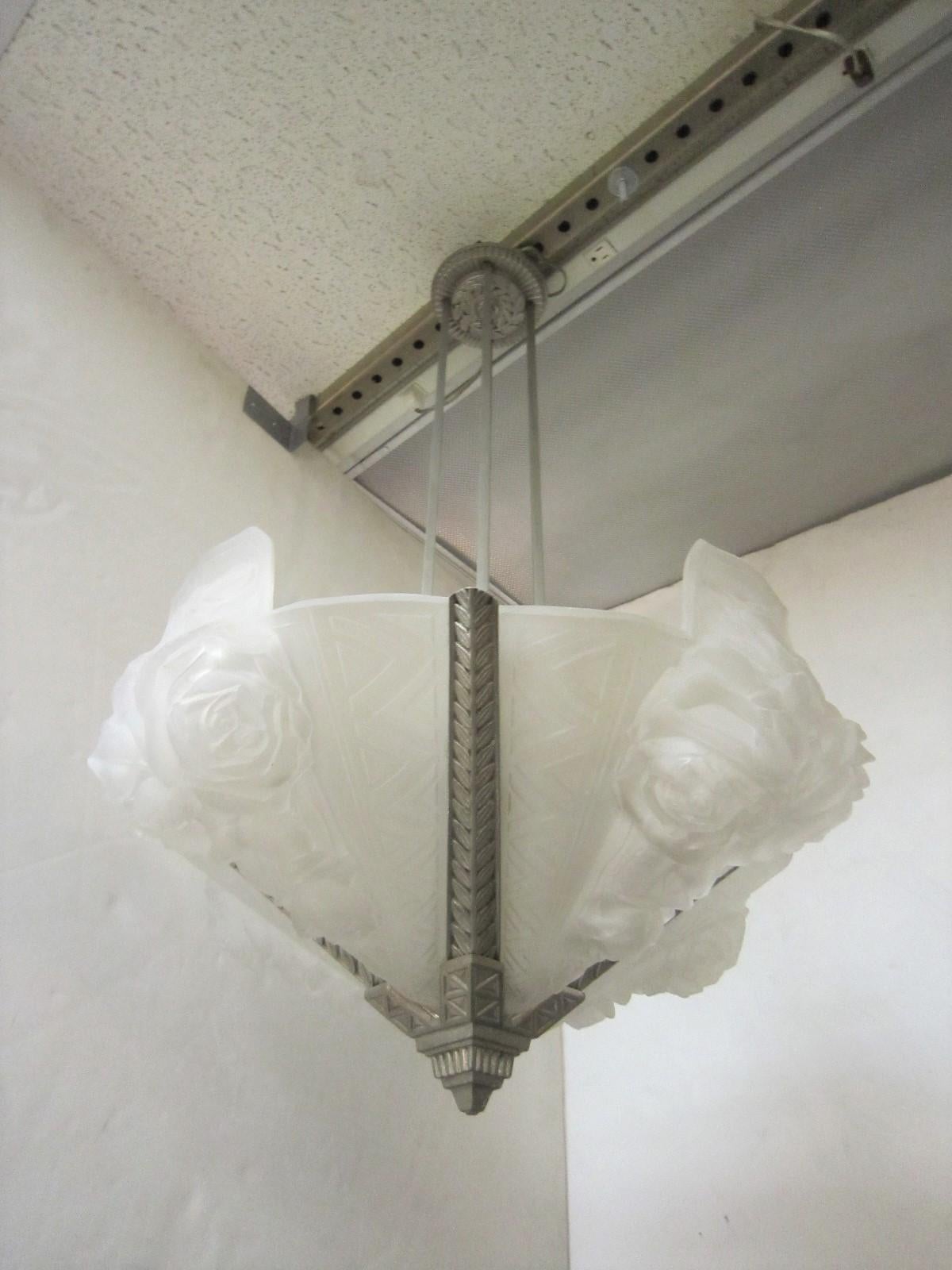 French Art Deco Frosted Art Glass Chandelier with Roses, Signed Verdun, France 1