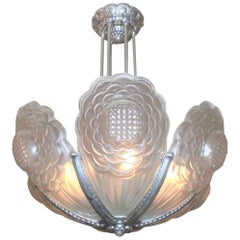 French Art Deco Frosted Art Glass Sunflower Chandelier Signed Boyreau Bordeaux