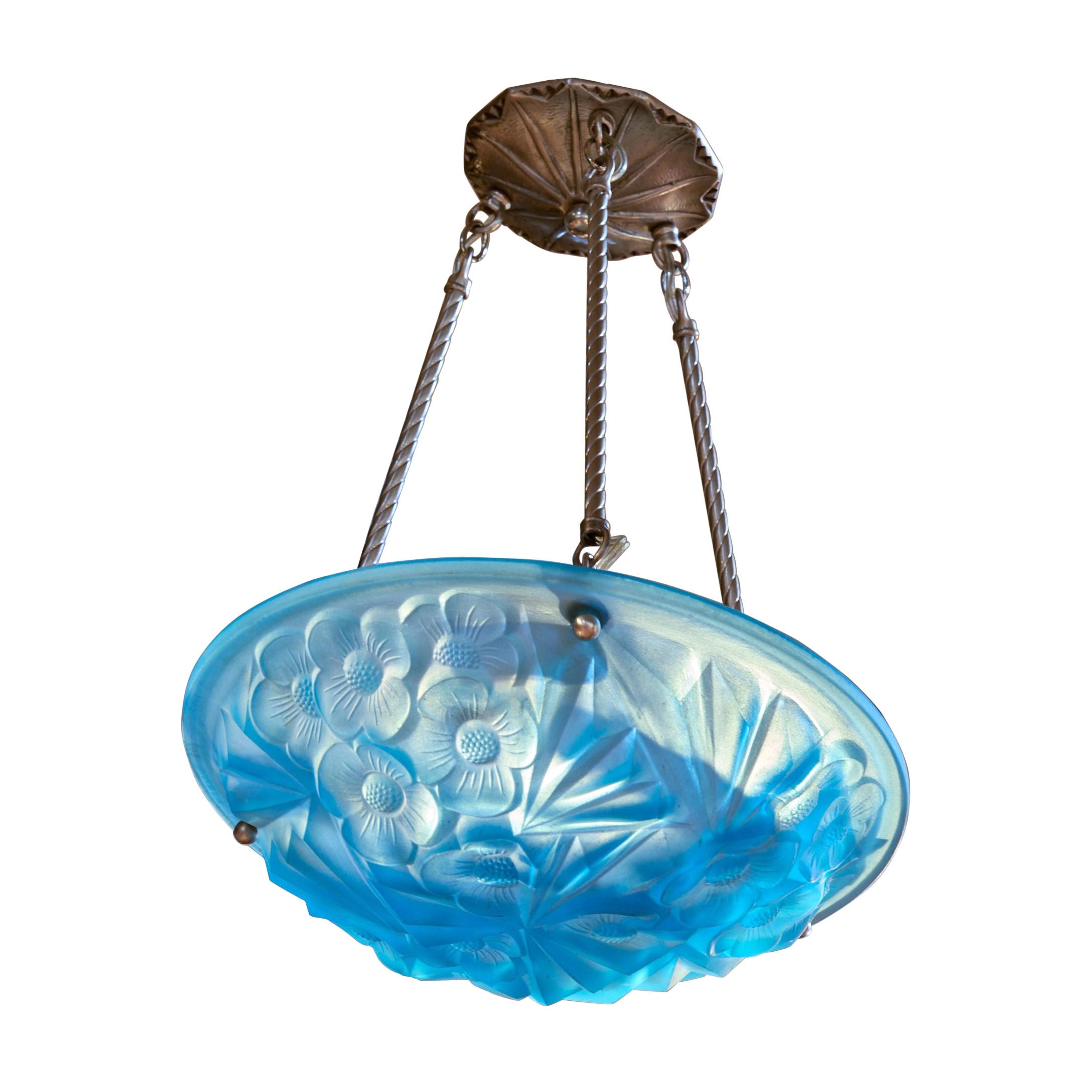 French Art Deco Frosted Blue Etched Glass Coupe Style Pendant