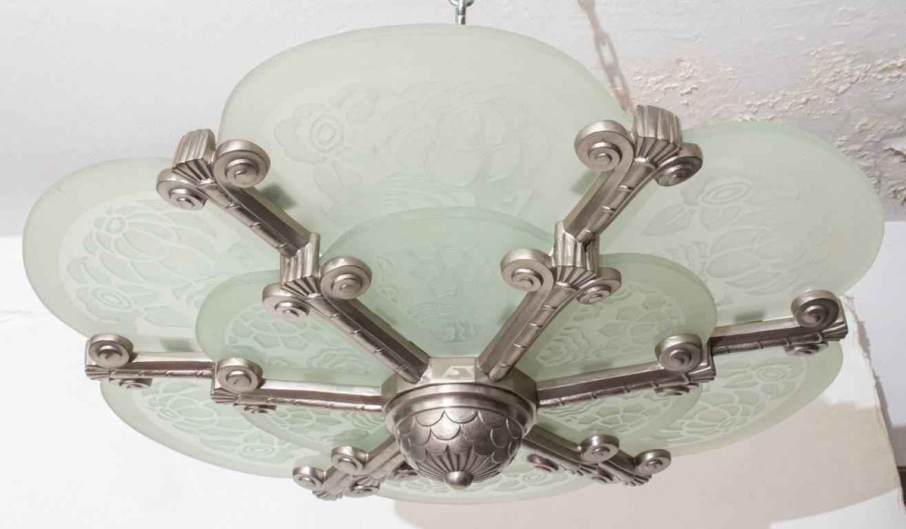 French Art Deco Frosted Etched Glass Plafonnier 1