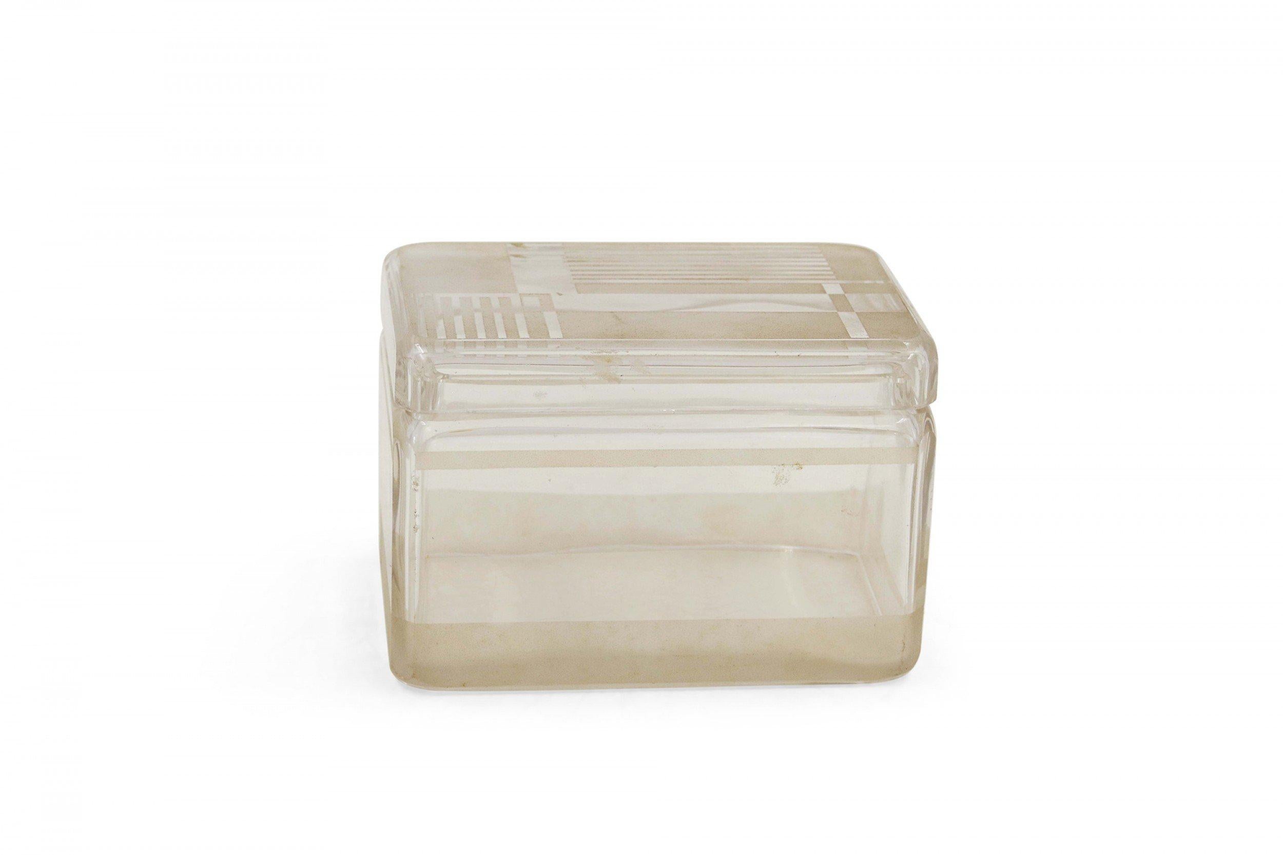 French Art Deco Frosted Geometric Design Lidded Glass Box For Sale 1