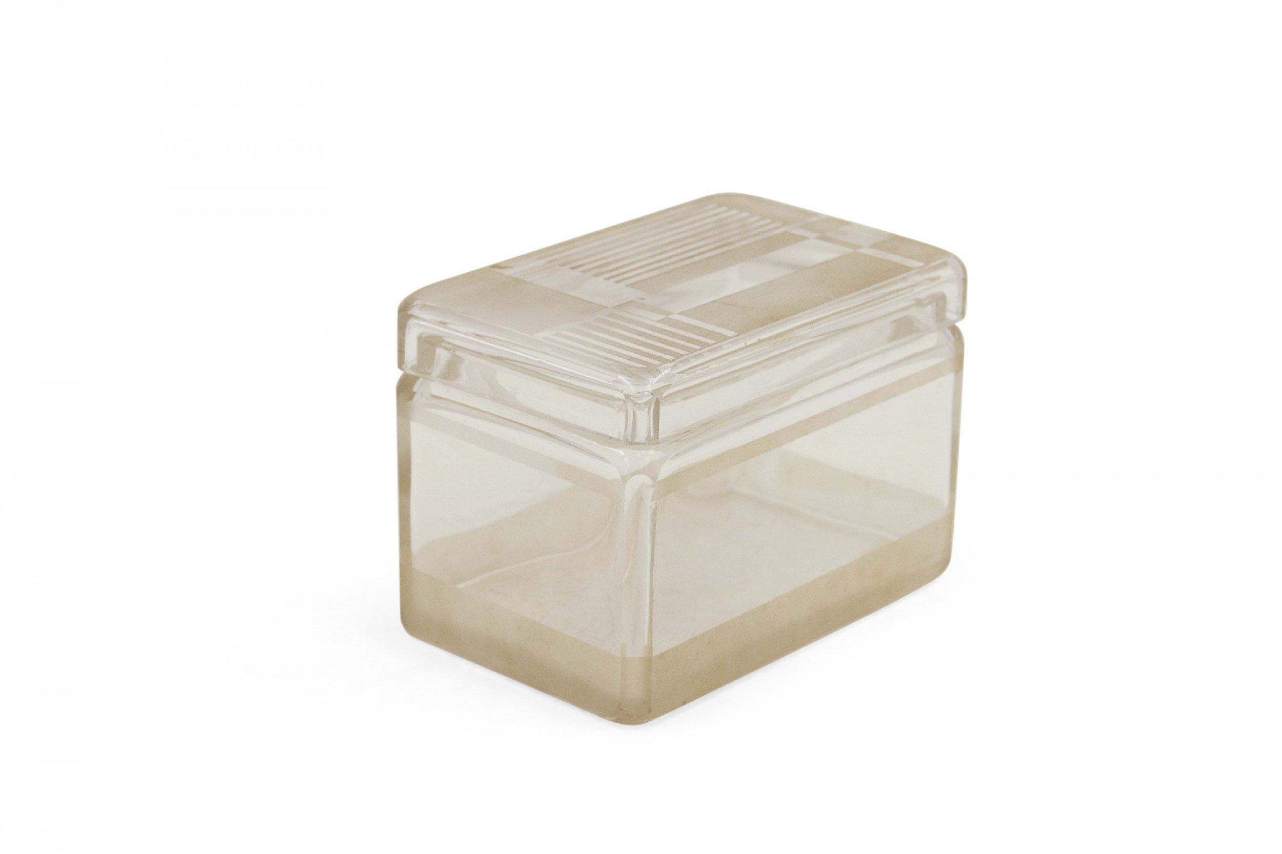 Boîte à couvercle Art déco française en verre dépoli de conception géométrique en vente 2