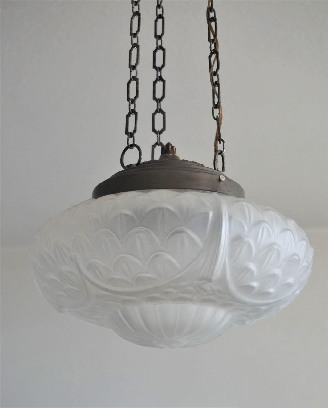 20th Century French Art Deco Frosted Glass and Brass Light Fixture