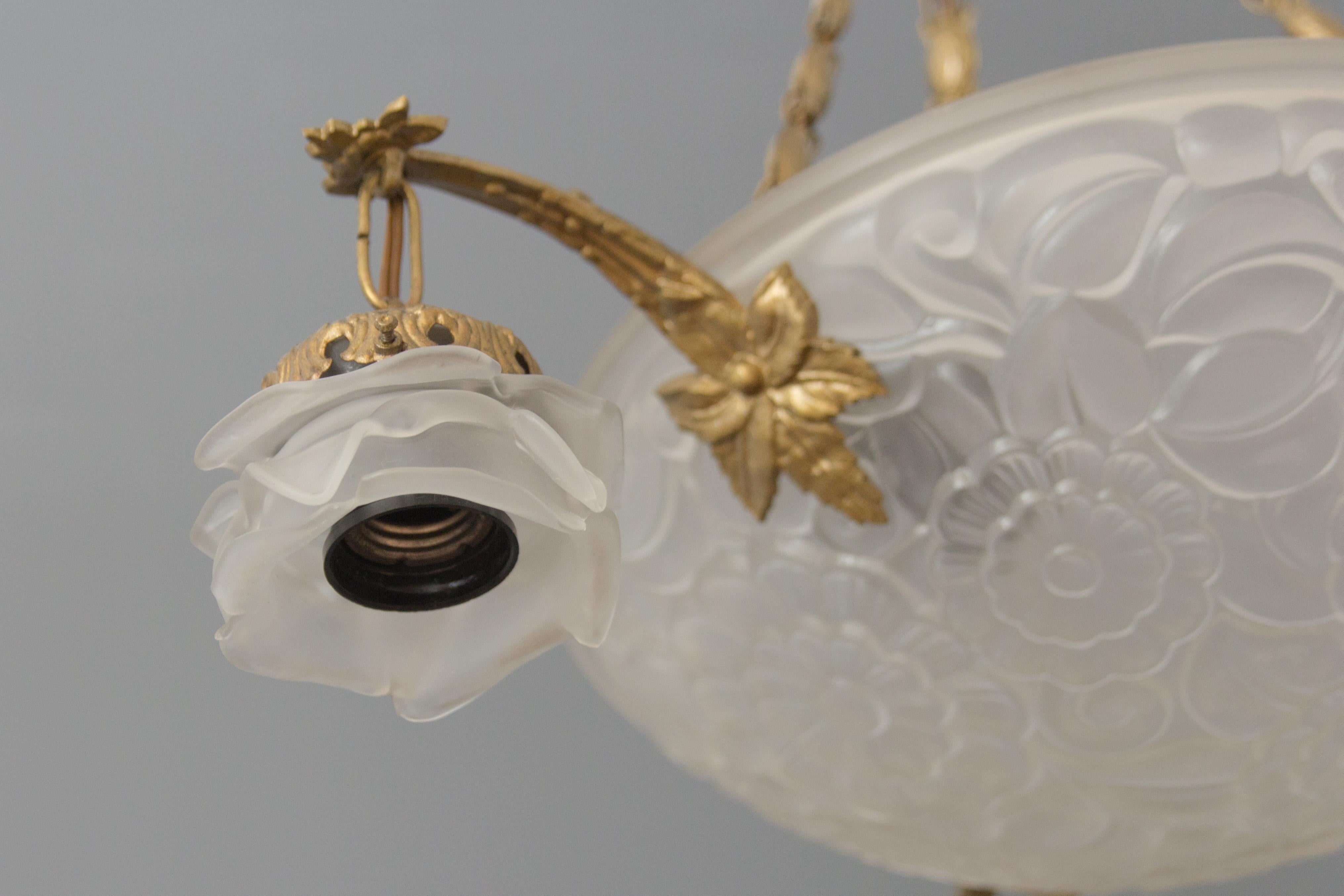 French Art Deco Frosted Glass and Bronze Four-Light Pendant Chandelier, 1930s 6