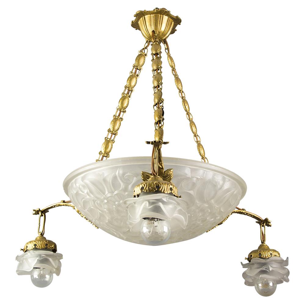 French Art Deco Frosted Glass and Bronze Four-Light Pendant Chandelier, 1930s