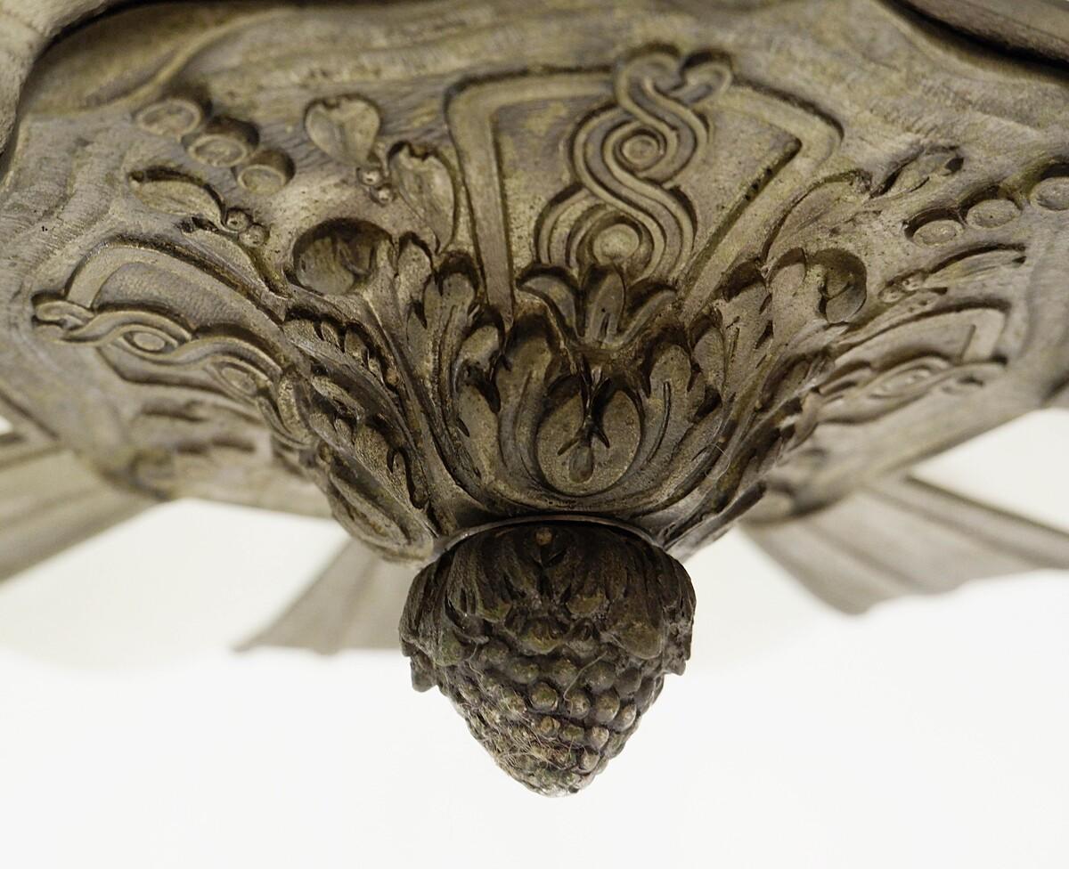 French Art Deco Frosted Glass and Bronze Pendant Chandelier, 1920s For Sale 1