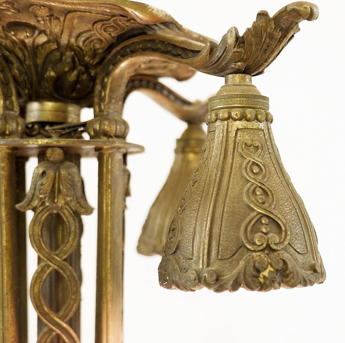 French Art Deco Frosted Glass and Bronze Pendant Chandelier, 1920s For Sale 2