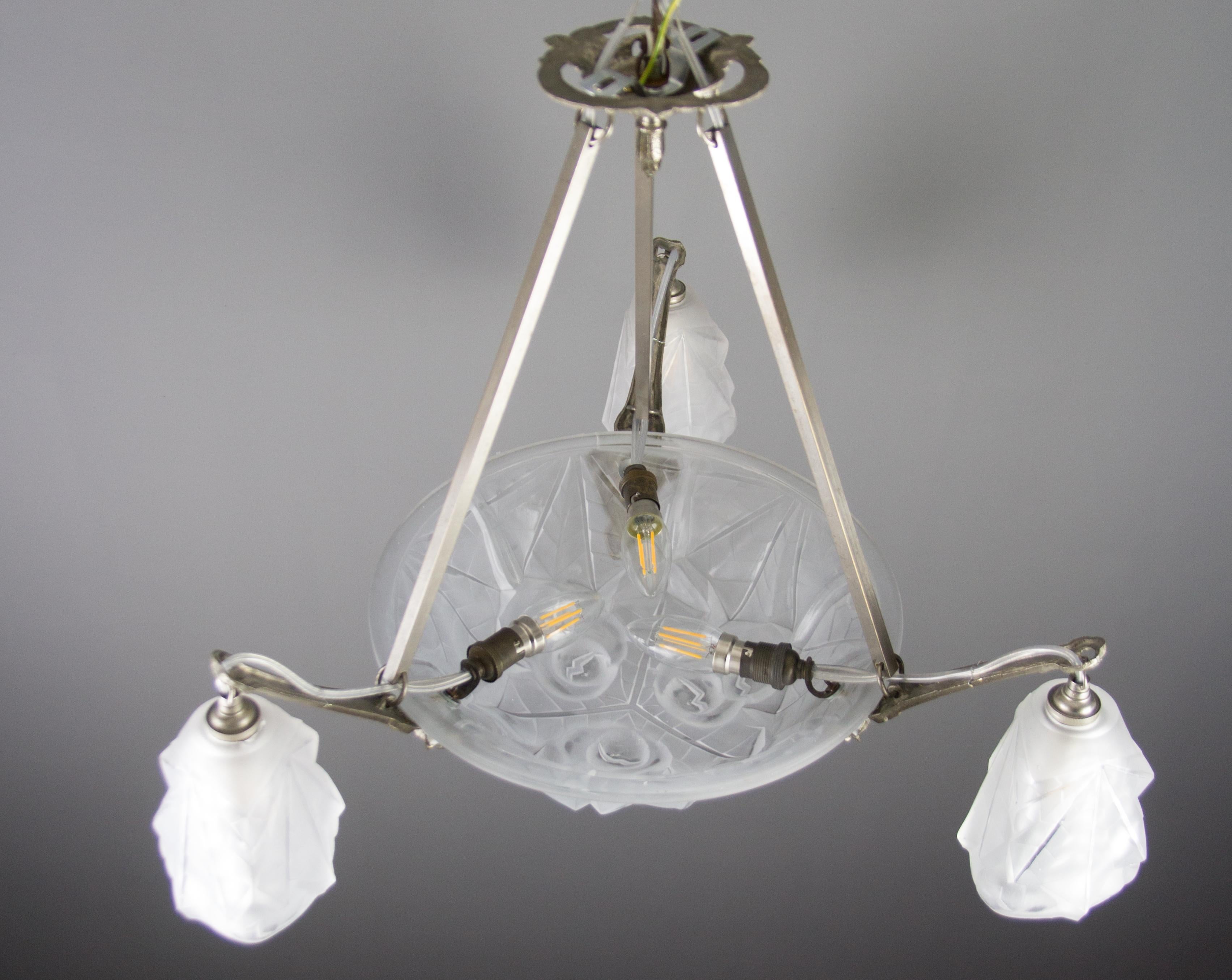French Art Deco Frosted Glass and Brass Six-Light Chandelier by Degué, 1920s For Sale 14