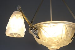 French Art Deco Frosted Glass and Brass Six-Light Chandelier by Degué, 1920