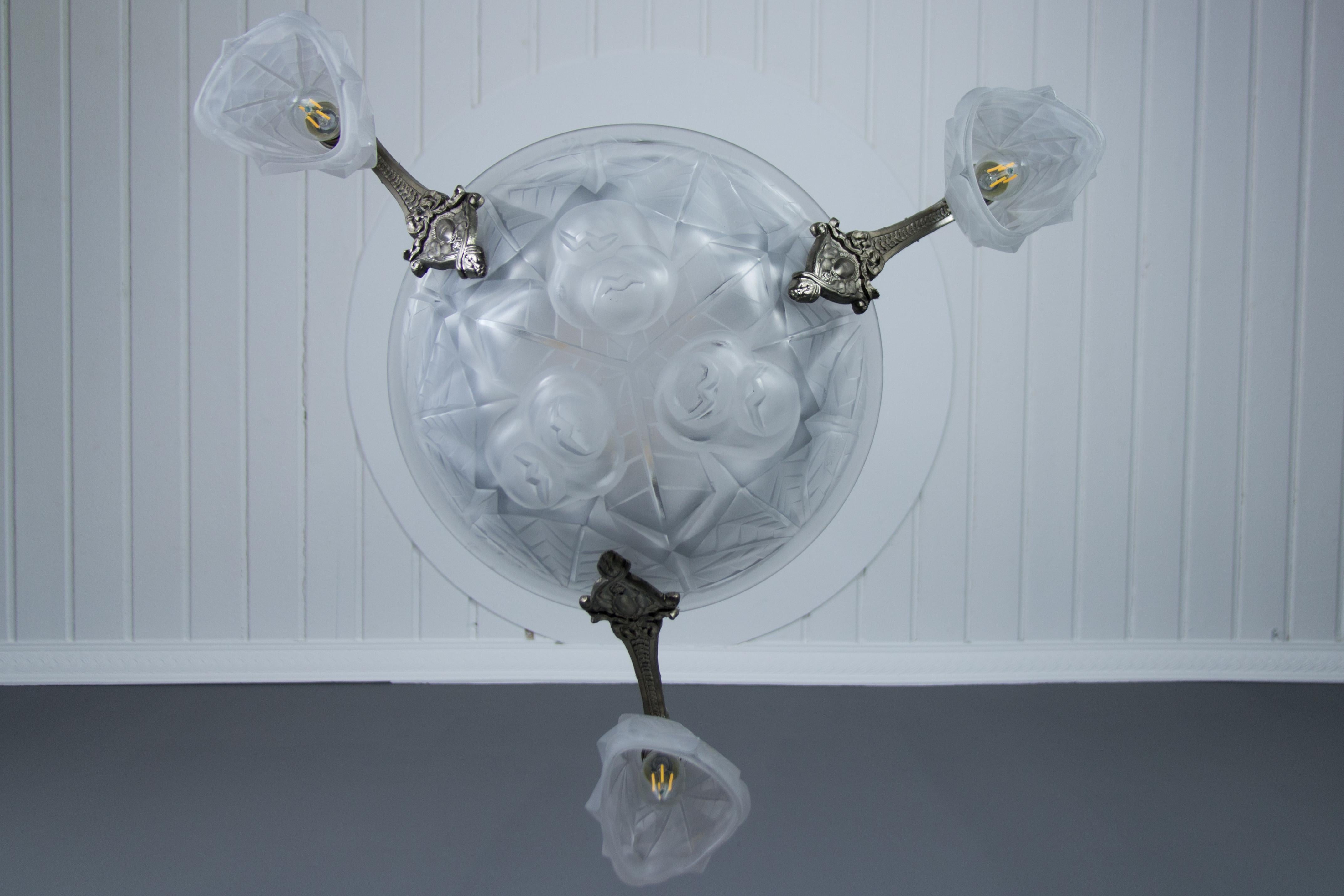 French Art Deco Frosted Glass and Brass Six-Light Chandelier by Degué, 1920s For Sale 15