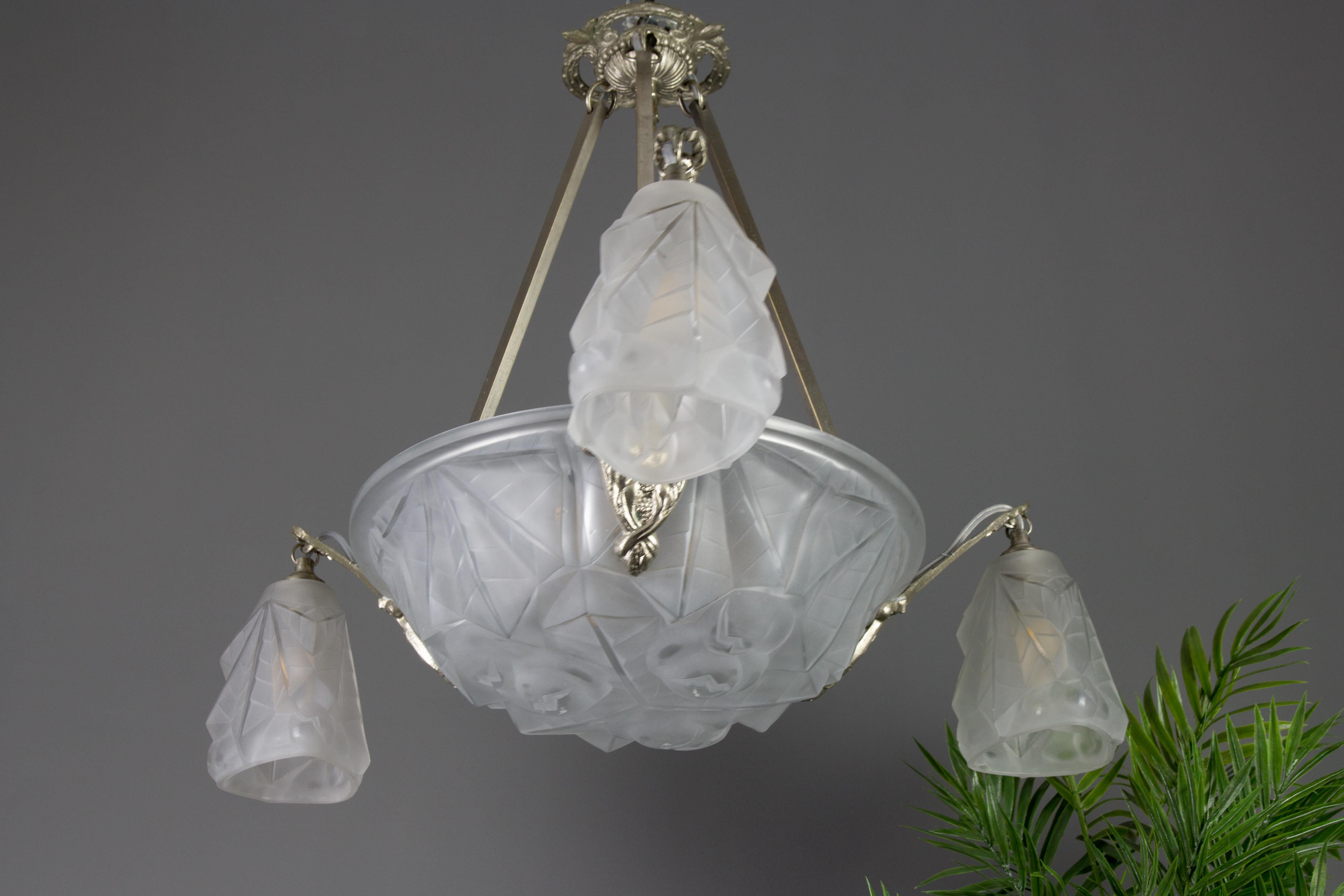 Early 20th Century French Art Deco Frosted Glass and Brass Six-Light Chandelier by Degué, 1920s For Sale