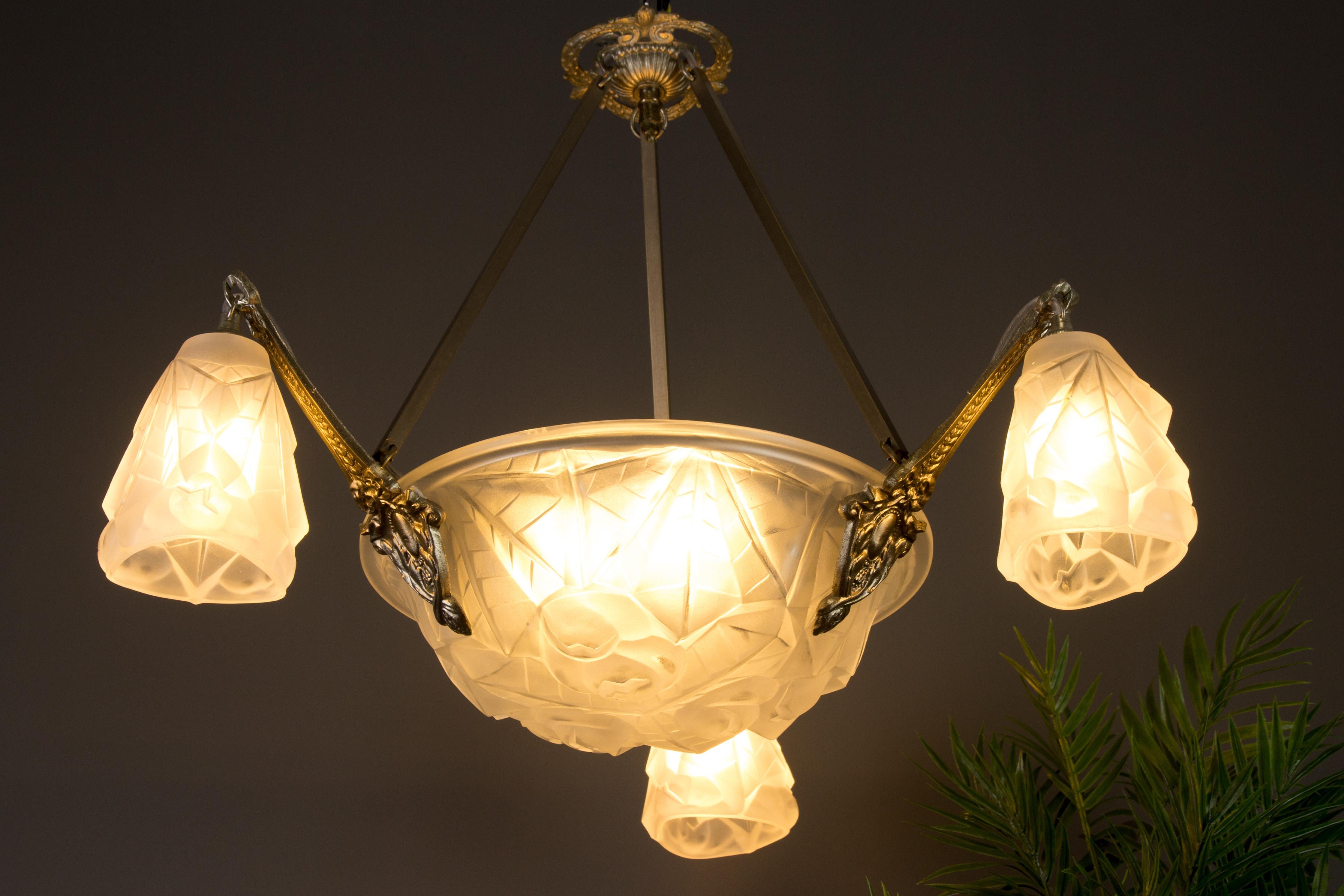 French Art Deco Frosted Glass and Brass Six-Light Chandelier by Degué, 1920s For Sale 2