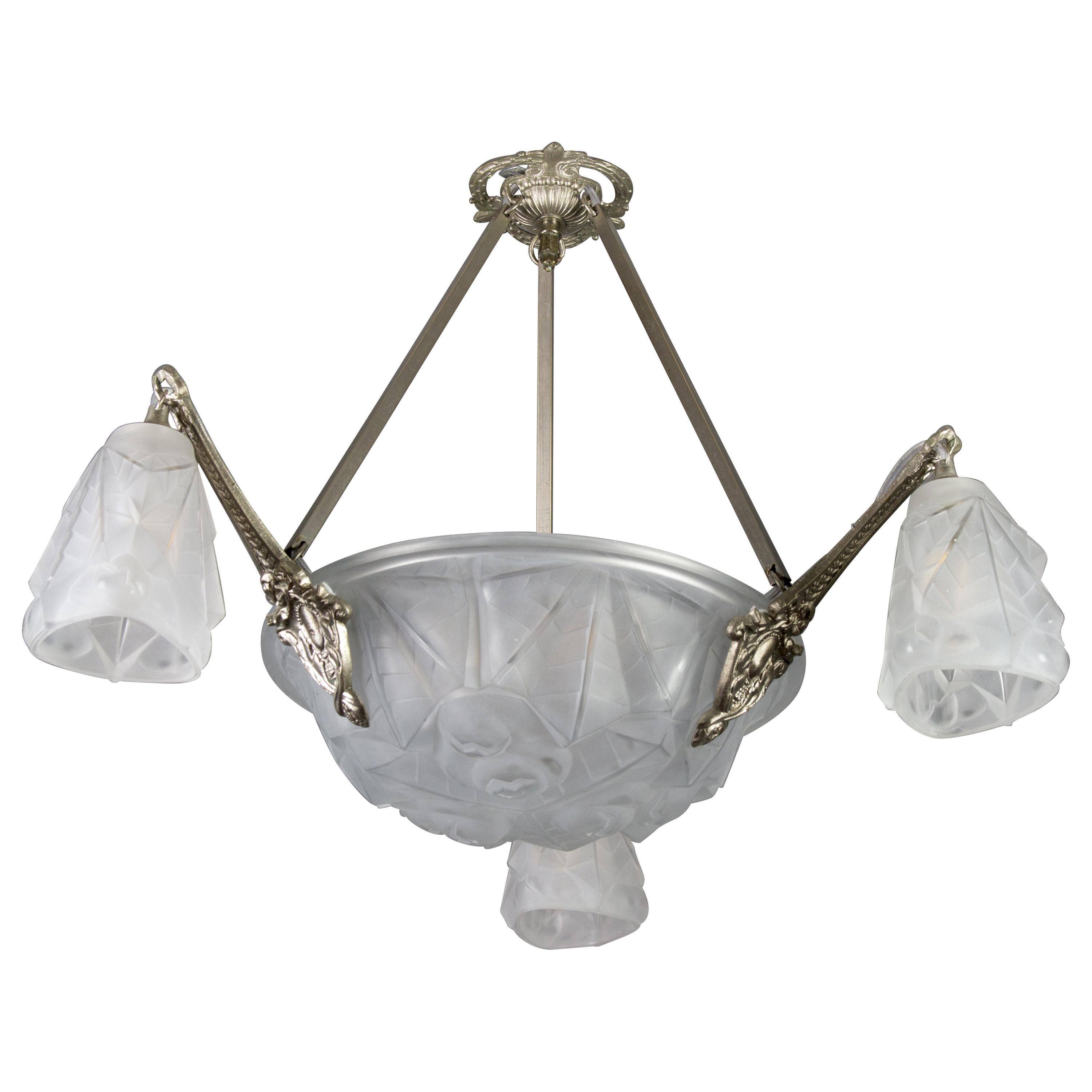 French Art Deco Frosted Glass and Brass Six-Light Chandelier by Degué, 1920s For Sale