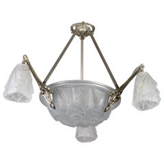 French Art Deco Frosted Glass and Bronze Six-Light Chandelier by Degué, 1920s