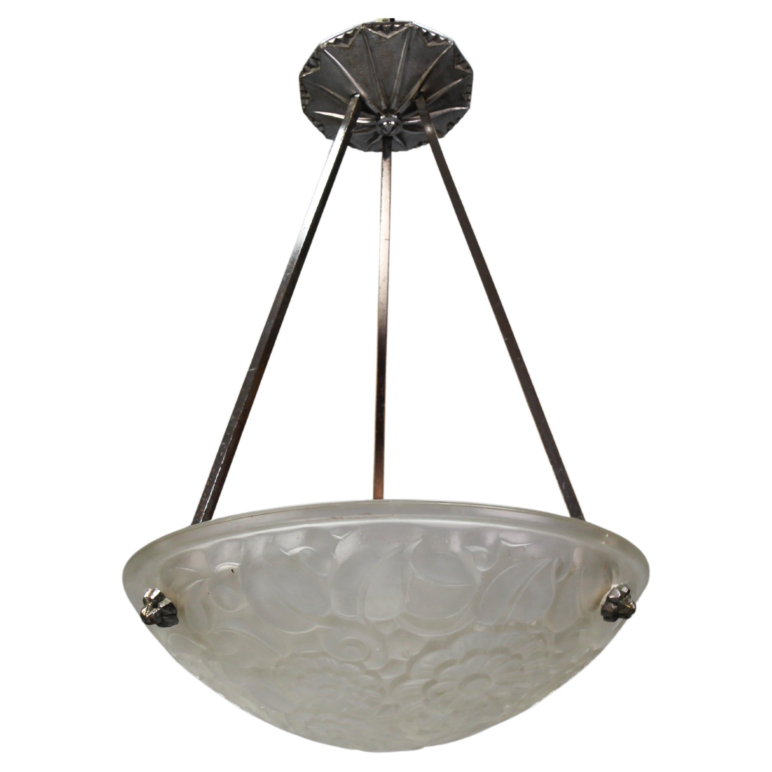 French Art Deco Frosted Glass and Chromed Brass Pendant Light by Primaflore For Sale
