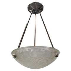 Used French Art Deco Frosted Glass and Chromed Brass Pendant Light by Primaflore