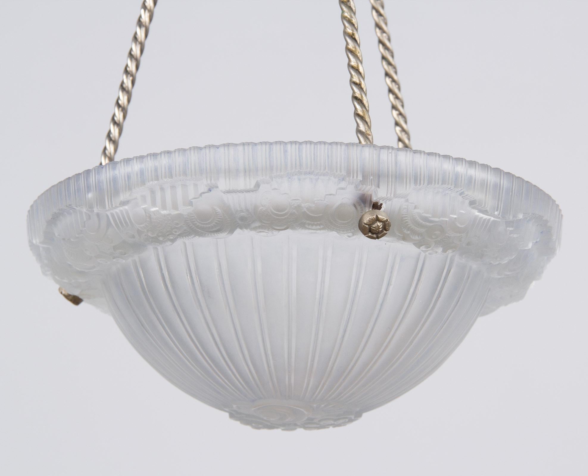 French Art Deco Frosted Glass and Nickel Pendant, 1930s For Sale 8