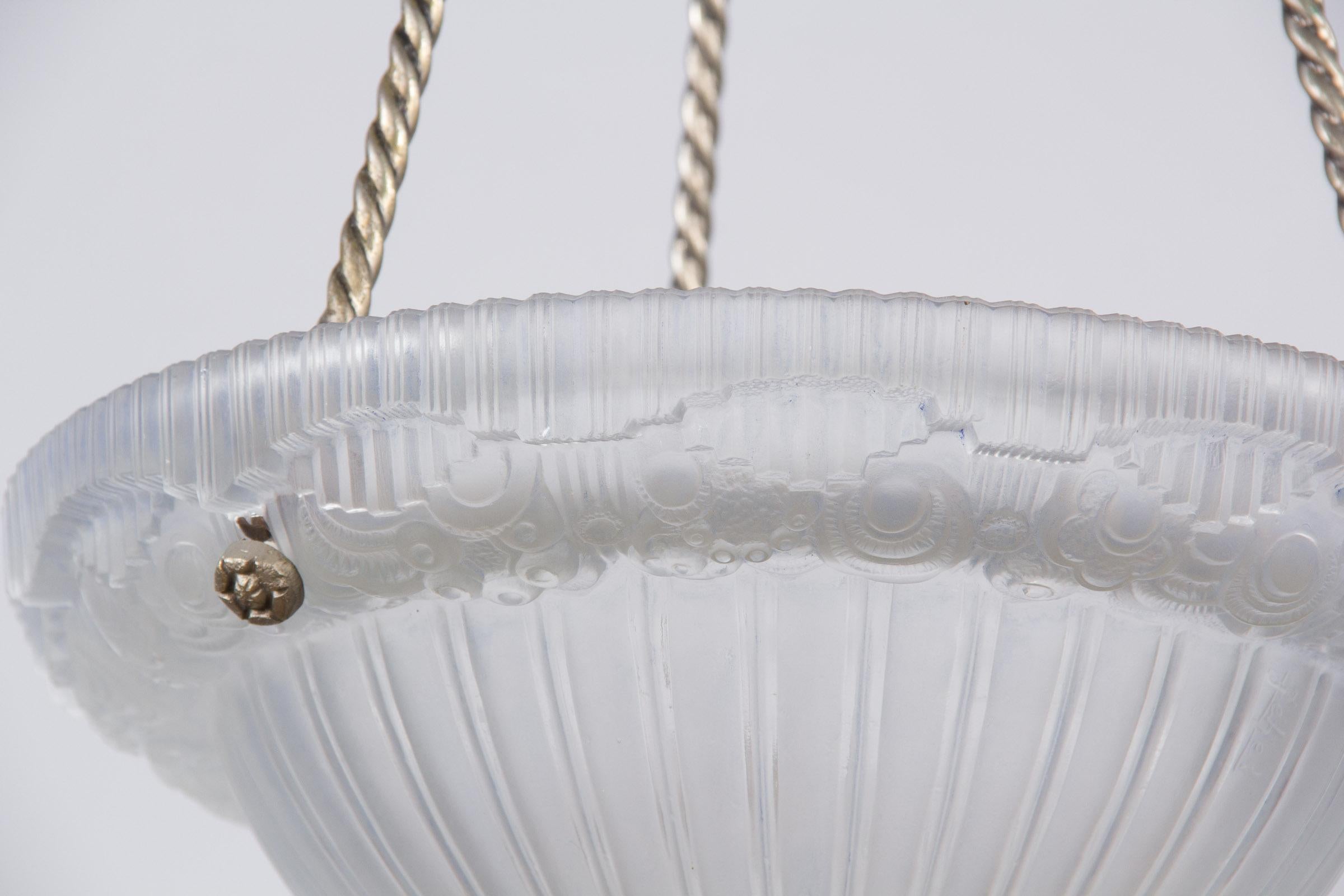 French Art Deco Frosted Glass and Nickel Pendant, 1930s For Sale 9