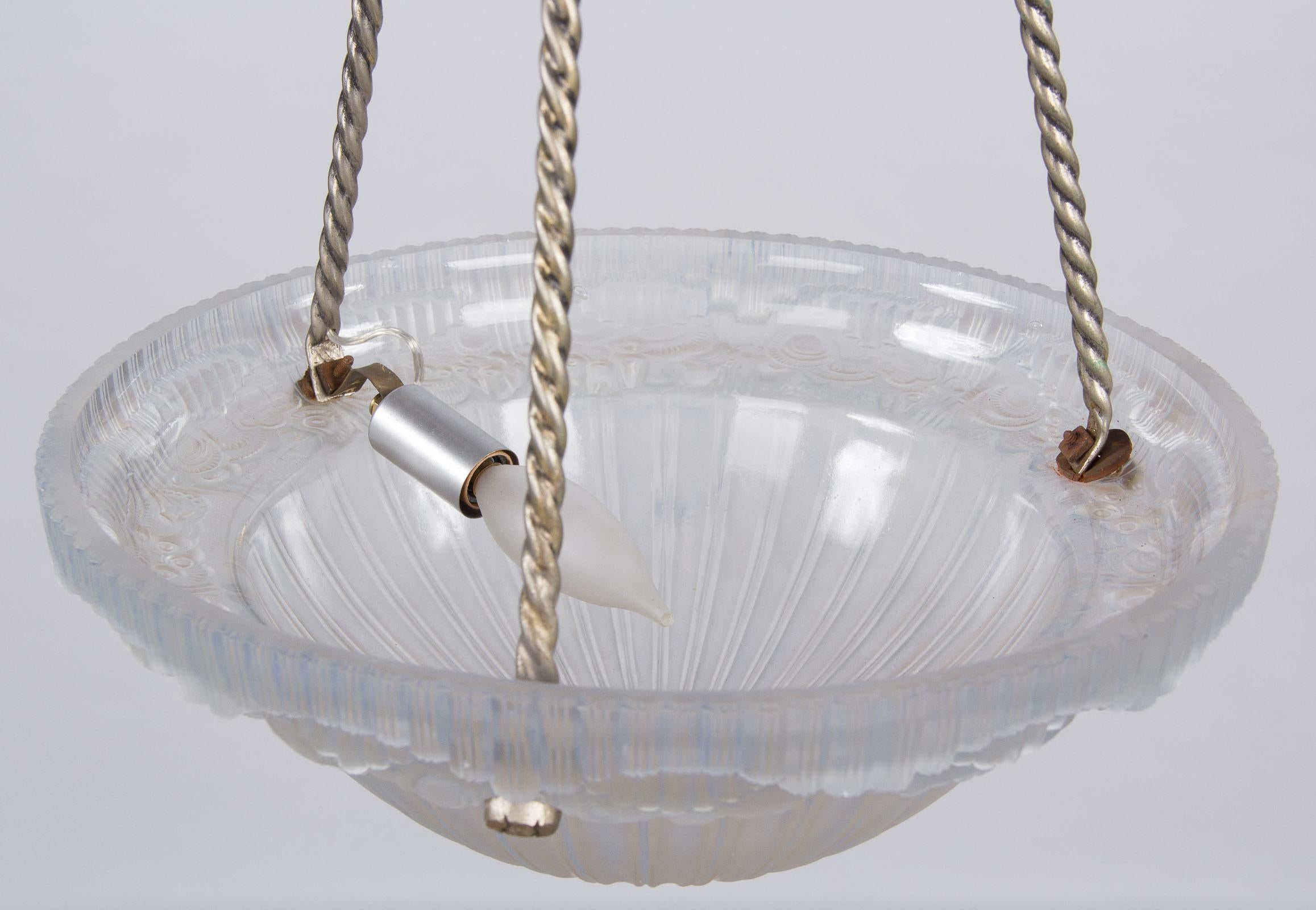 French Art Deco Frosted Glass and Nickel Pendant, 1930s For Sale 10