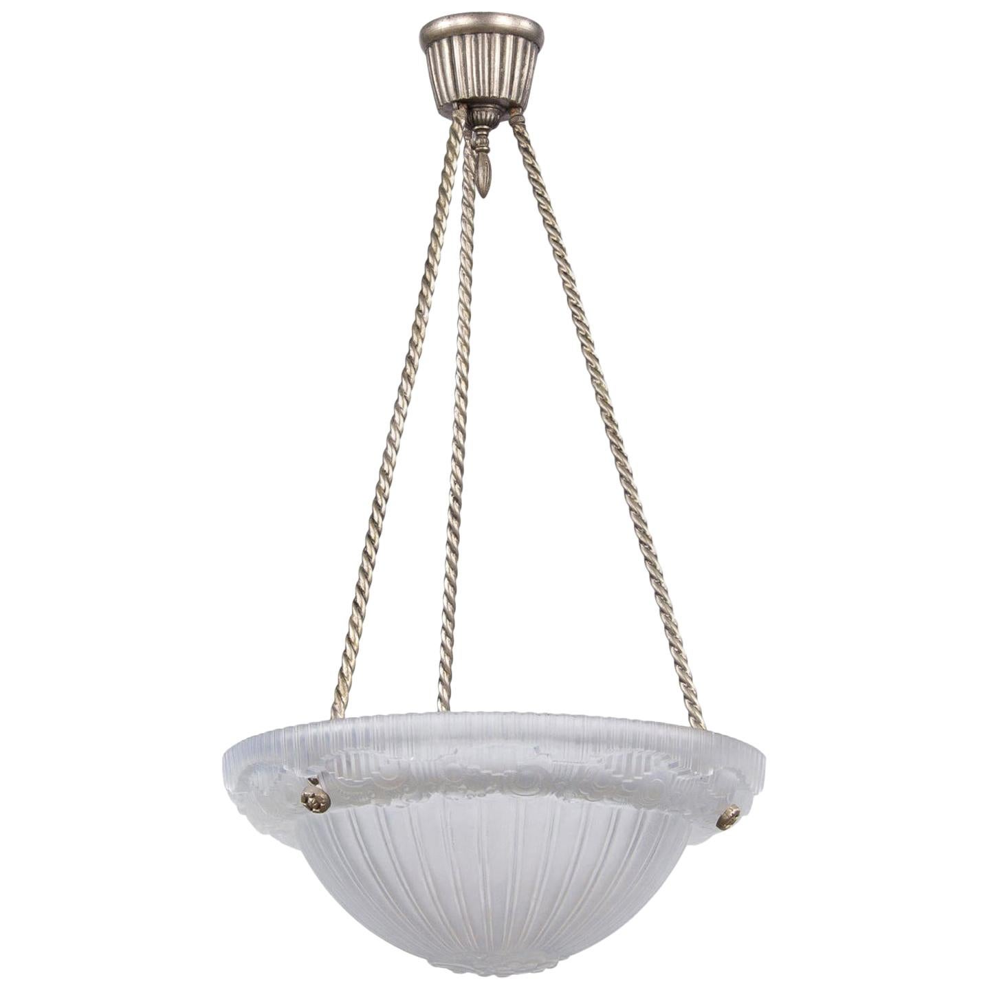 French Art Deco Frosted Glass and Nickel Pendant, 1930s For Sale