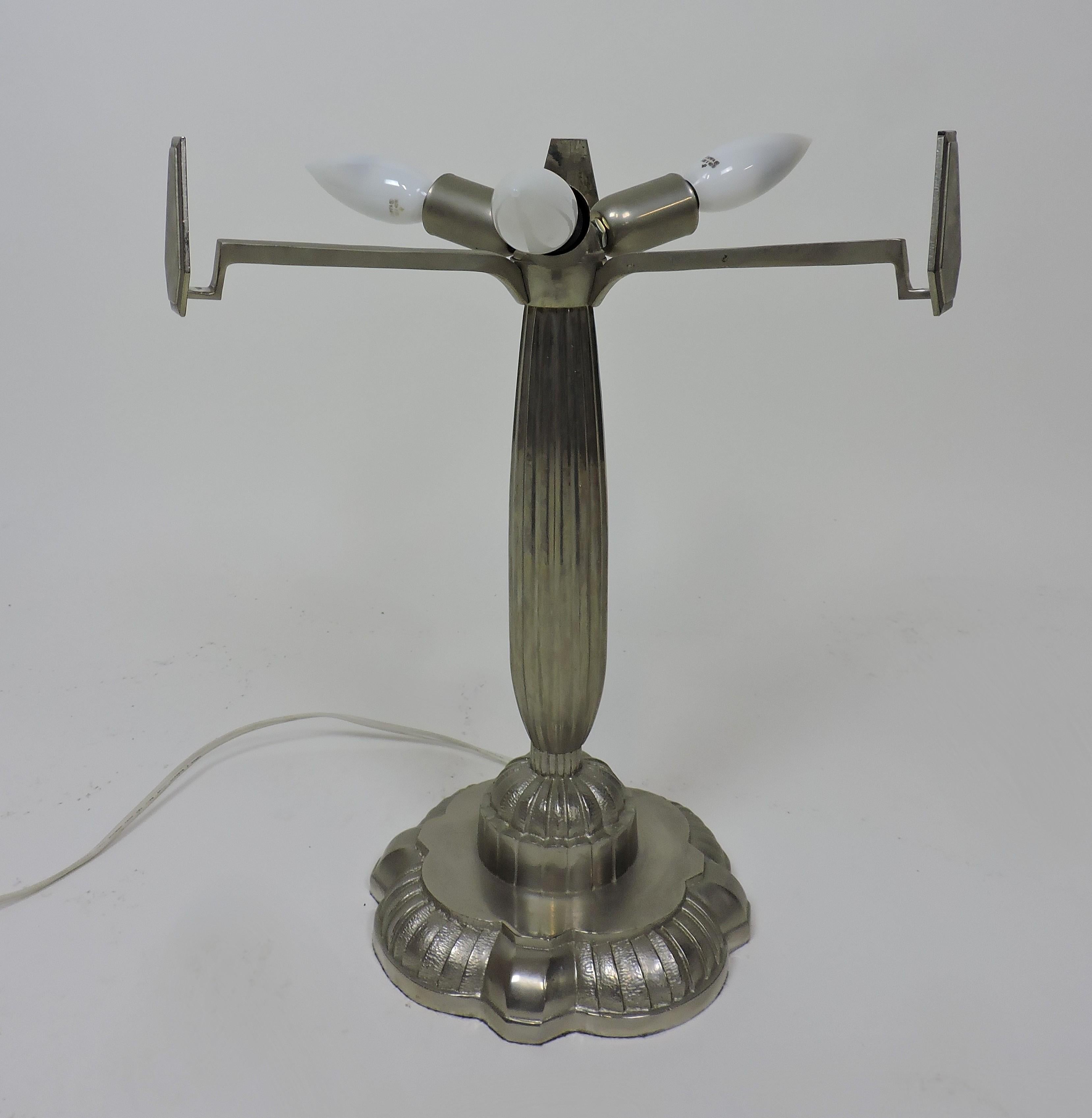 Cast French Art Deco Frosted Glass and Nickel Table Lamp
