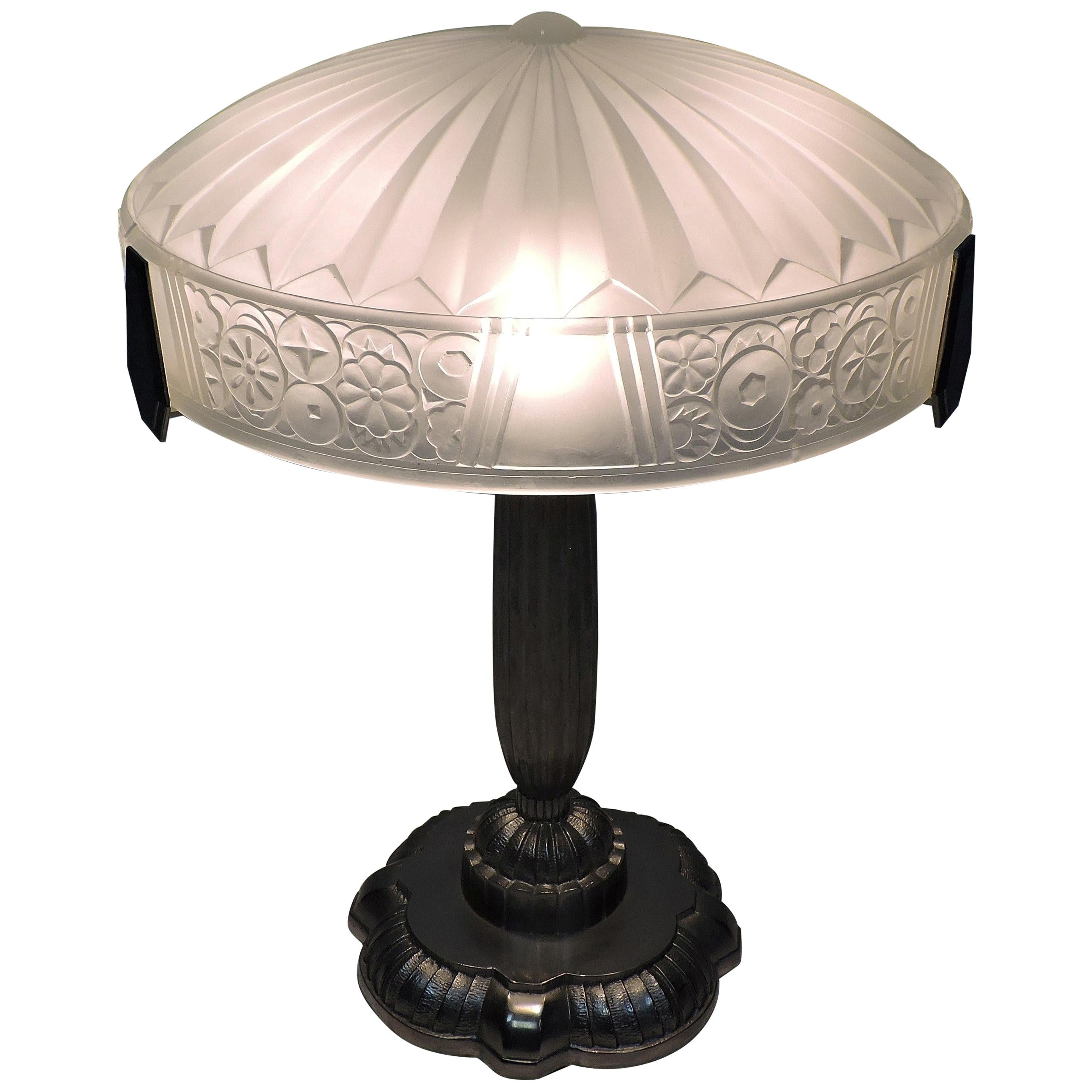 French Art Deco Frosted Glass and Nickel Table Lamp