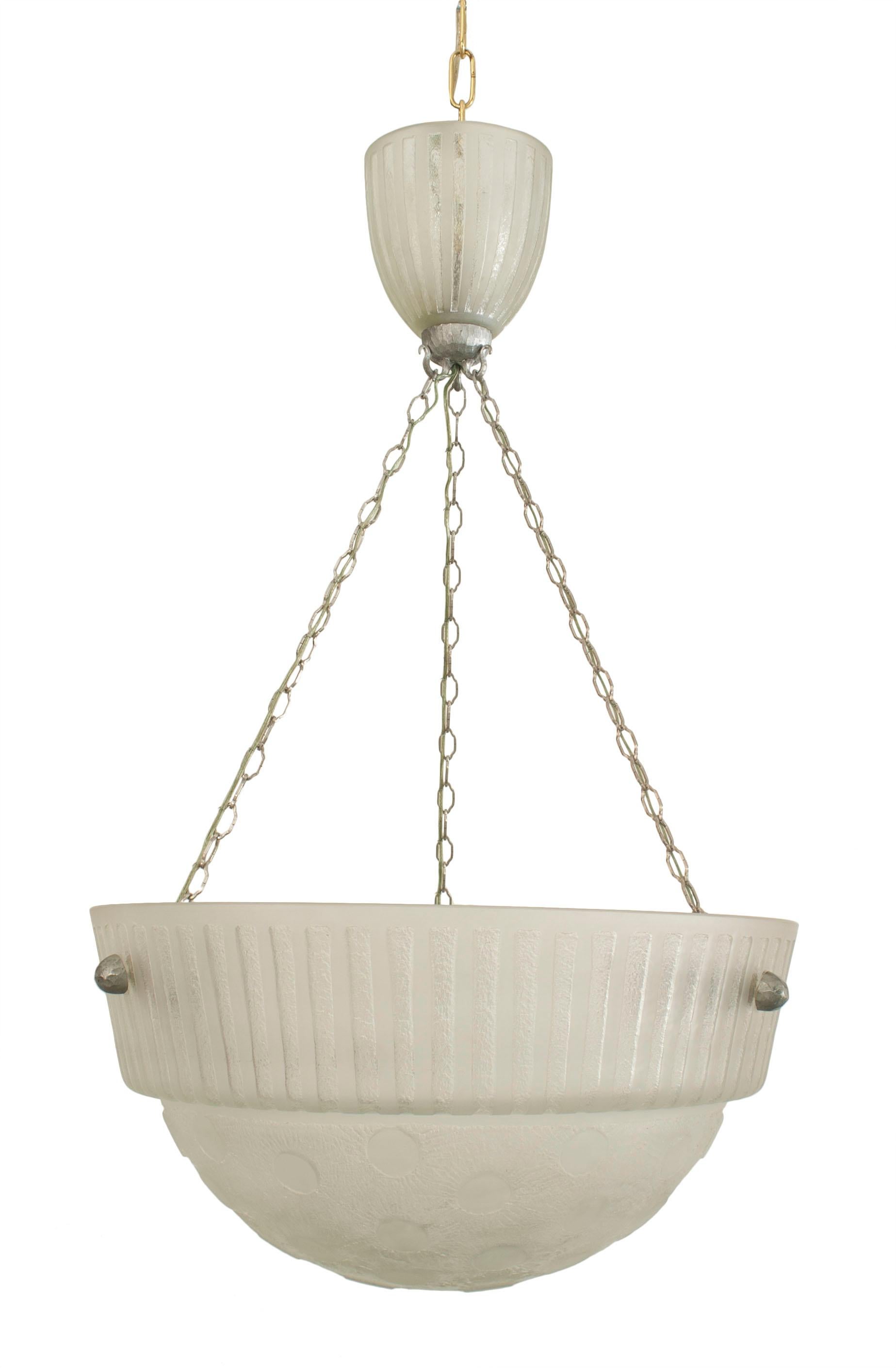 French Art Deco frosted glass large bowl form chandelier with a fluted top section below a 