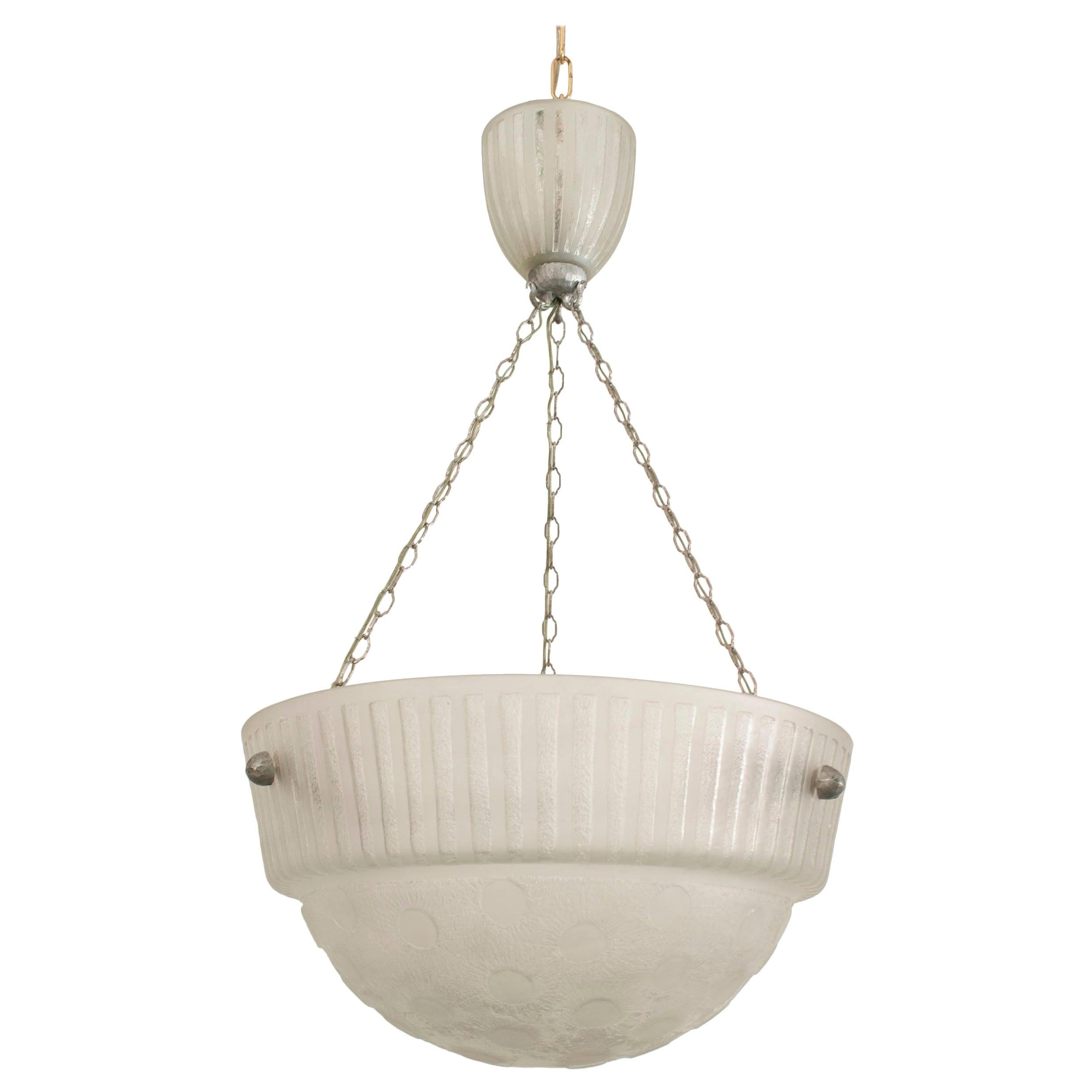 French Art Deco Frosted Glass Bowl Chandelier Attributed to Daum For Sale