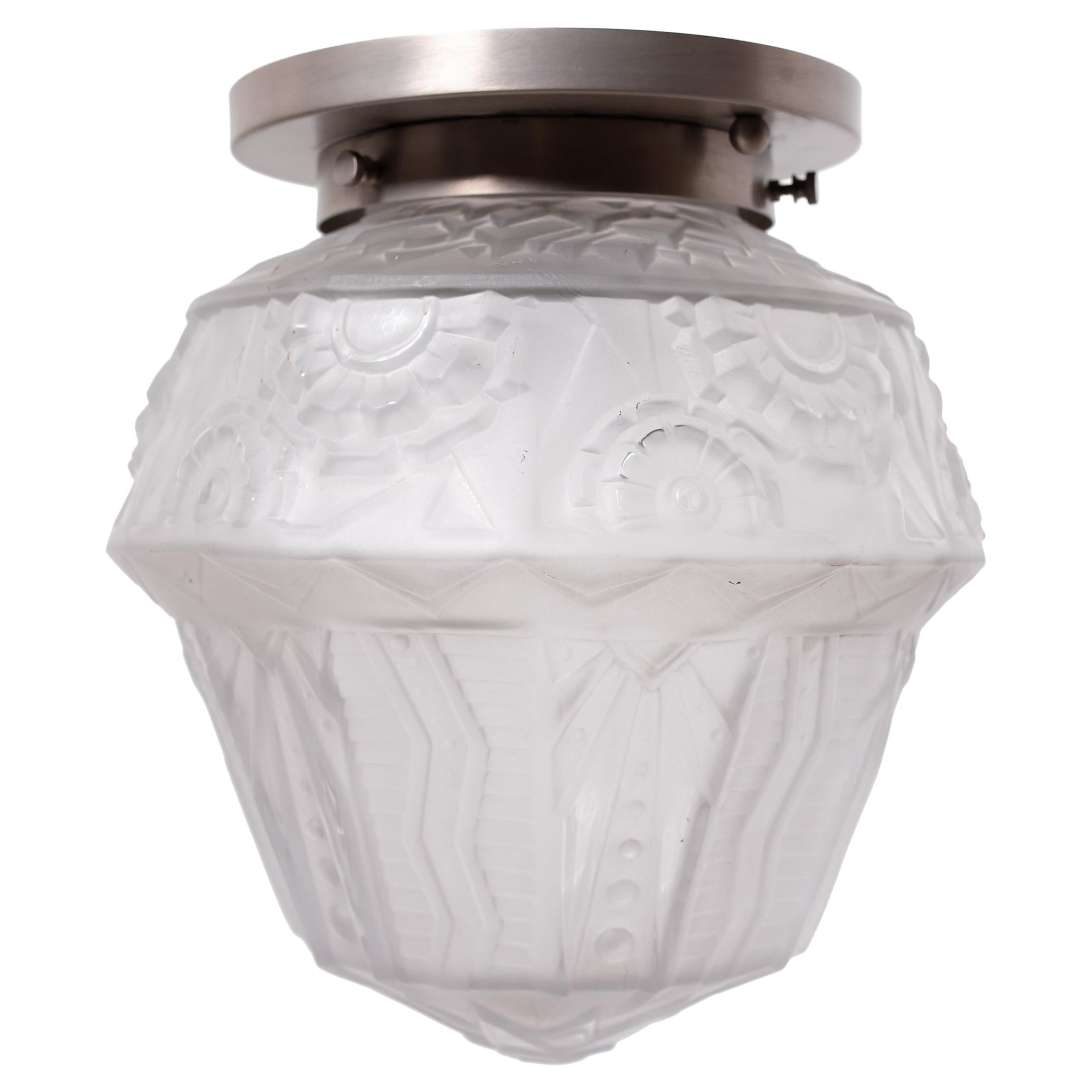 French Art Deco Frosted Glass Flush Mount Light, c. 1930 For Sale