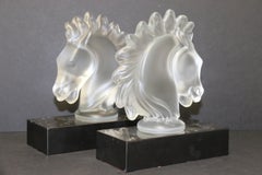 French Art Deco Frosted Glass Pair of Horses Heads on Marble Bases, circa 1930