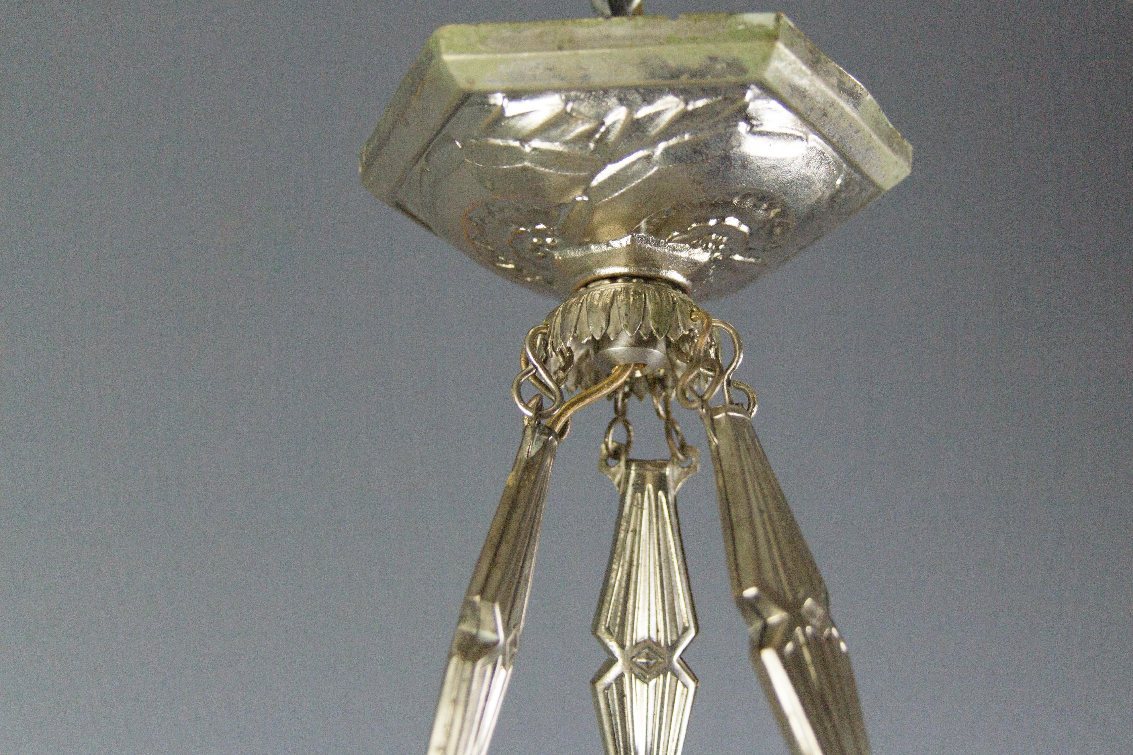 David Gueron French Art Deco Frosted Glass Pendant Chandelier, 1930s 8
