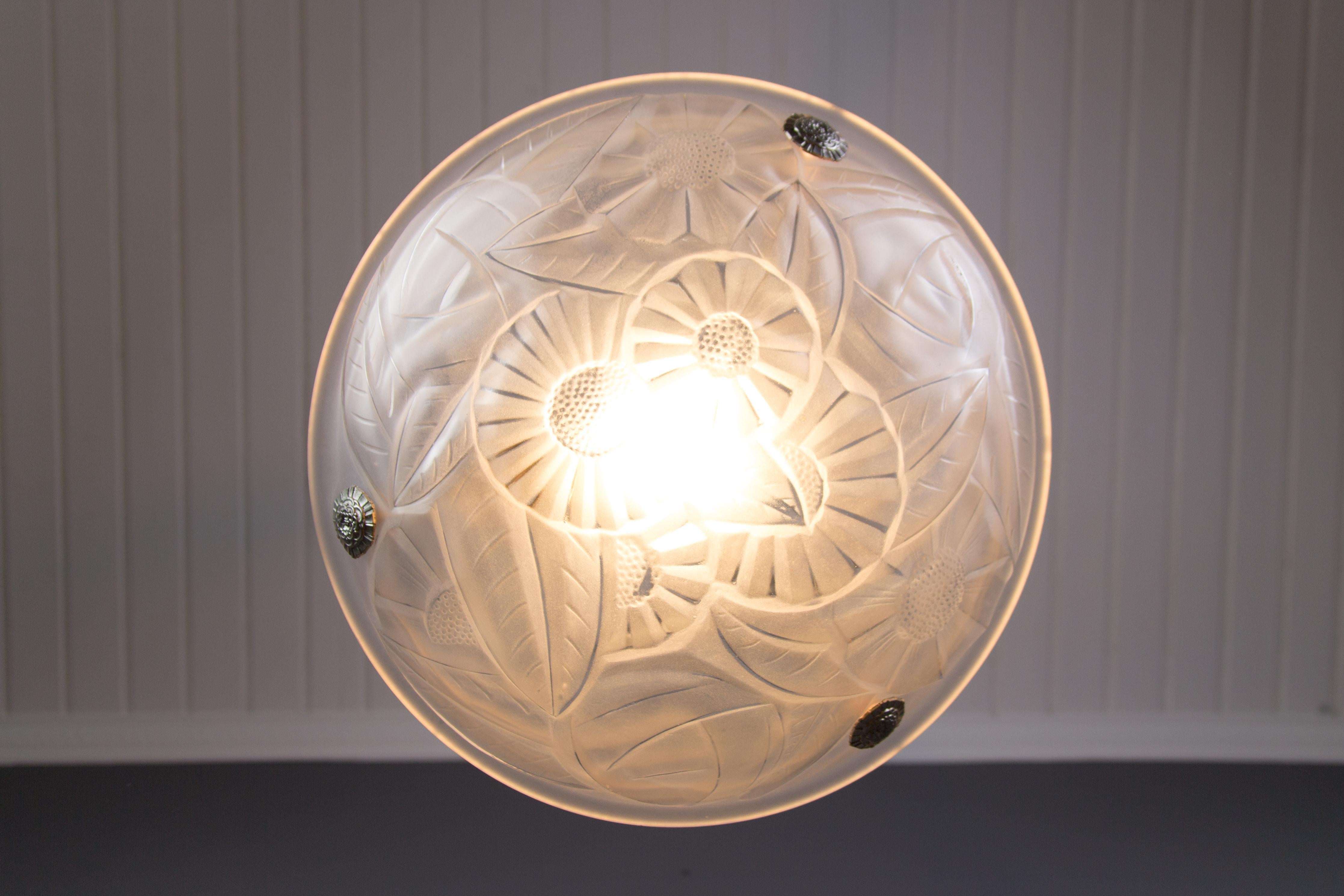 David Gueron French Art Deco Frosted Glass Pendant Chandelier, 1930s 11