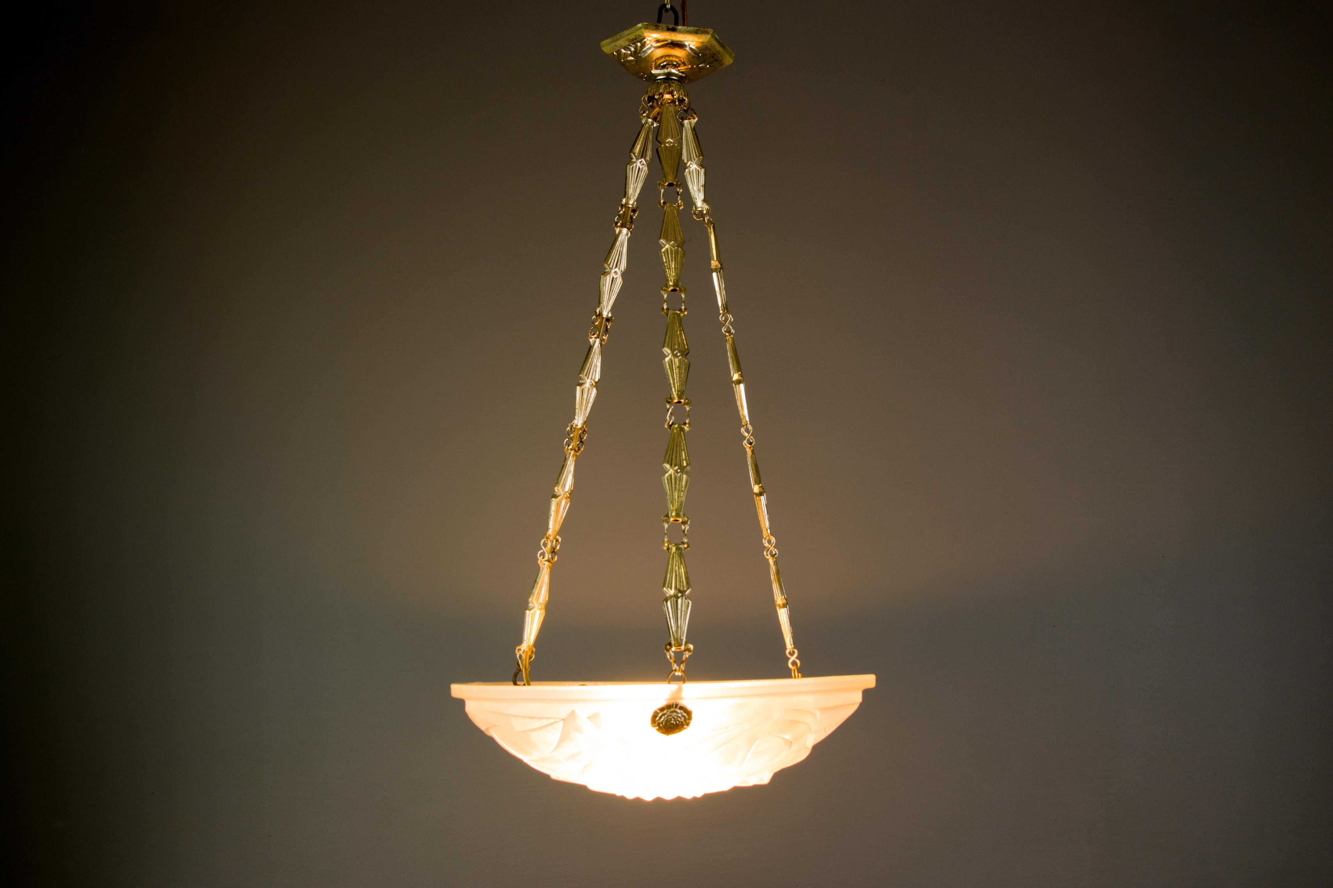 David Gueron French Art Deco Frosted Glass Pendant Chandelier, 1930s 15