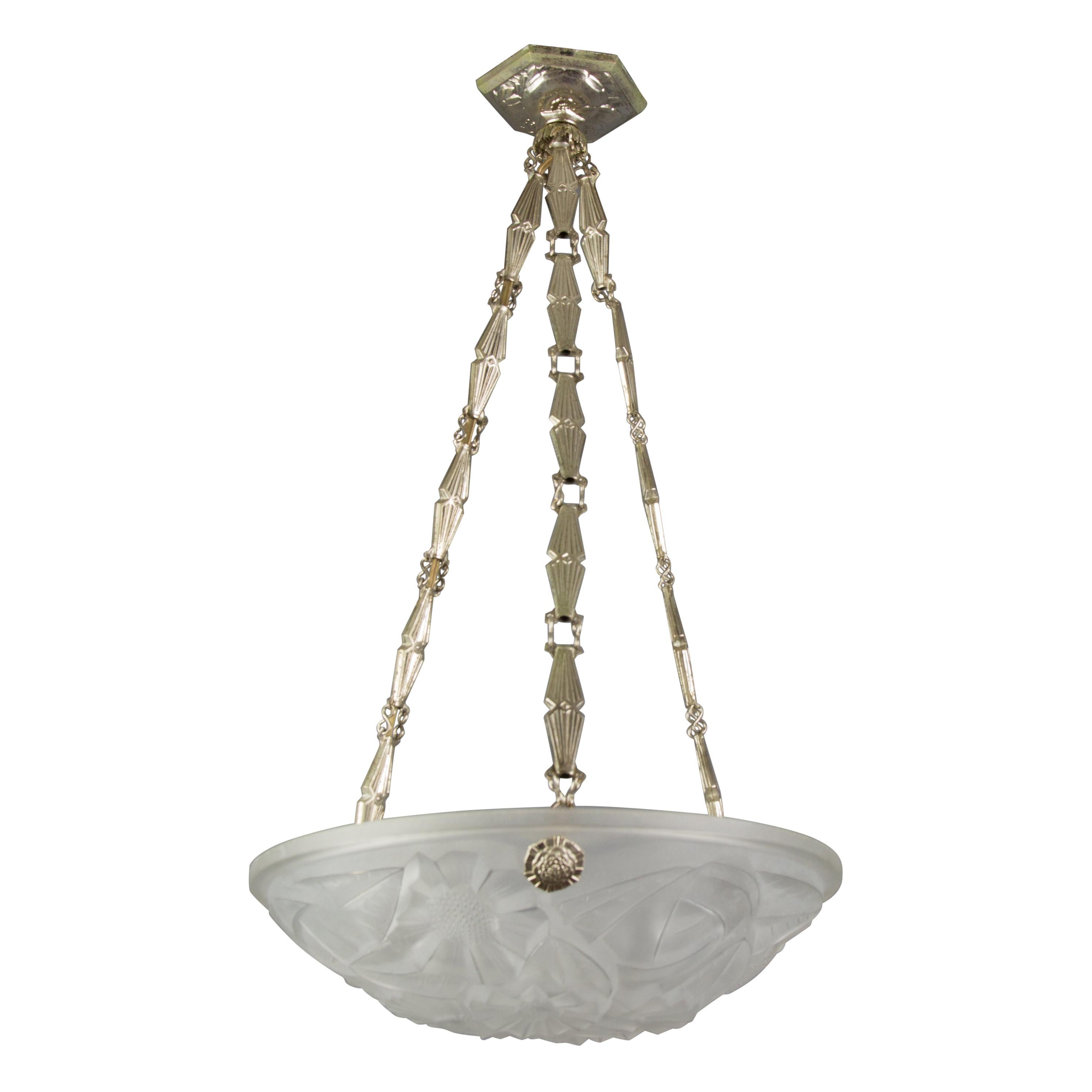 David Gueron French Art Deco Frosted Glass Pendant Chandelier, 1930s