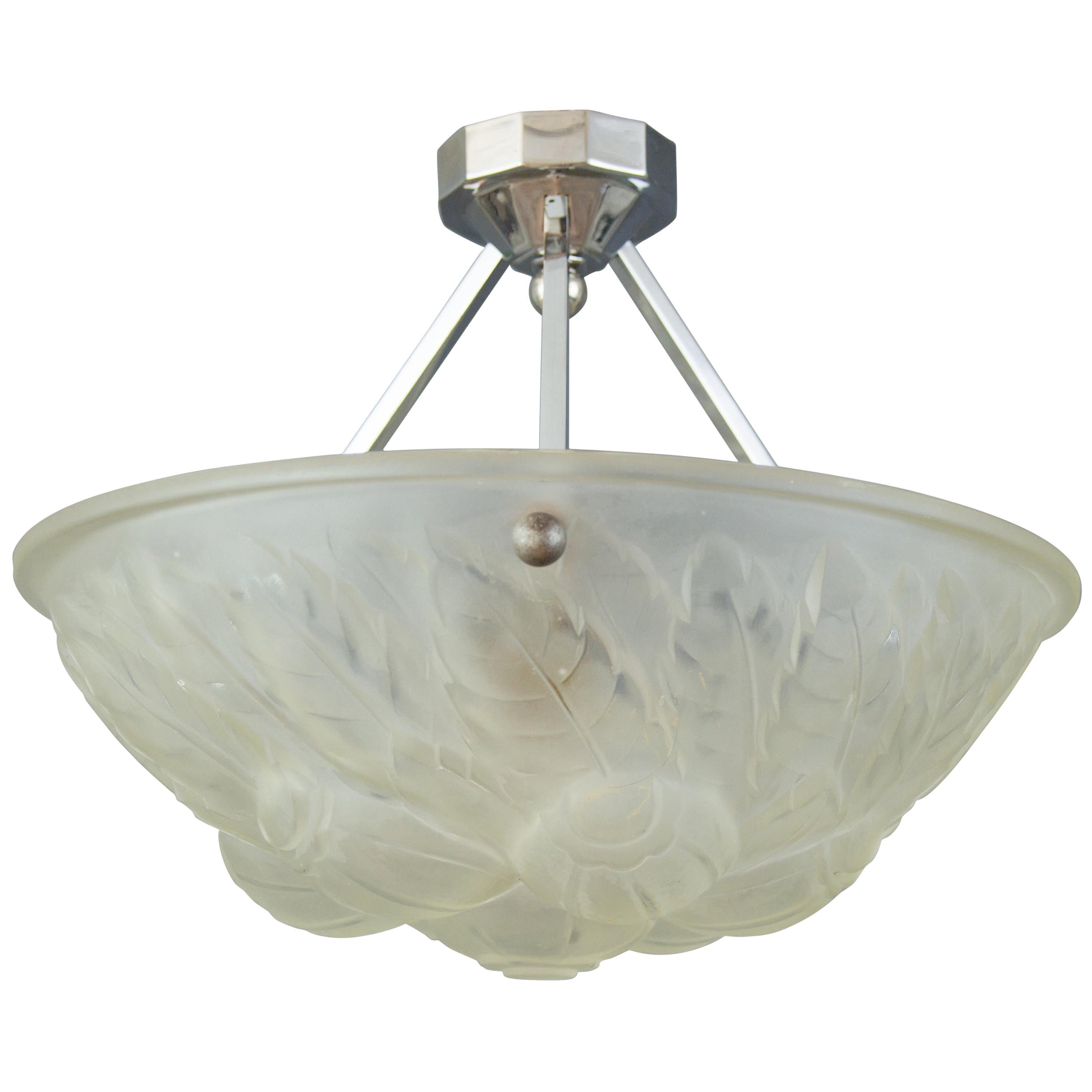 French Art Deco Frosted Glass Pendant Chandelier by Verrerie des Vosges, 1930s