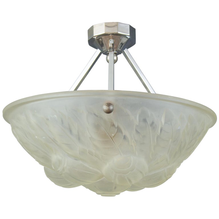 French Art Deco Frosted Glass Pendant Chandelier by Verrerie des Vosges,  1930s at 1stDibs