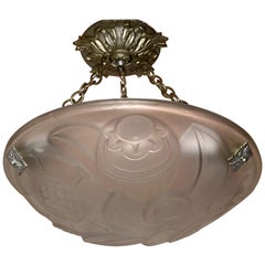 French Art Deco Frosted Glass Pendent Semi Flush Six-Light Nickel Fixture
