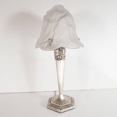 French Art Deco Frosted Glass Shade on Silvered Bronze Base Signed by Degue