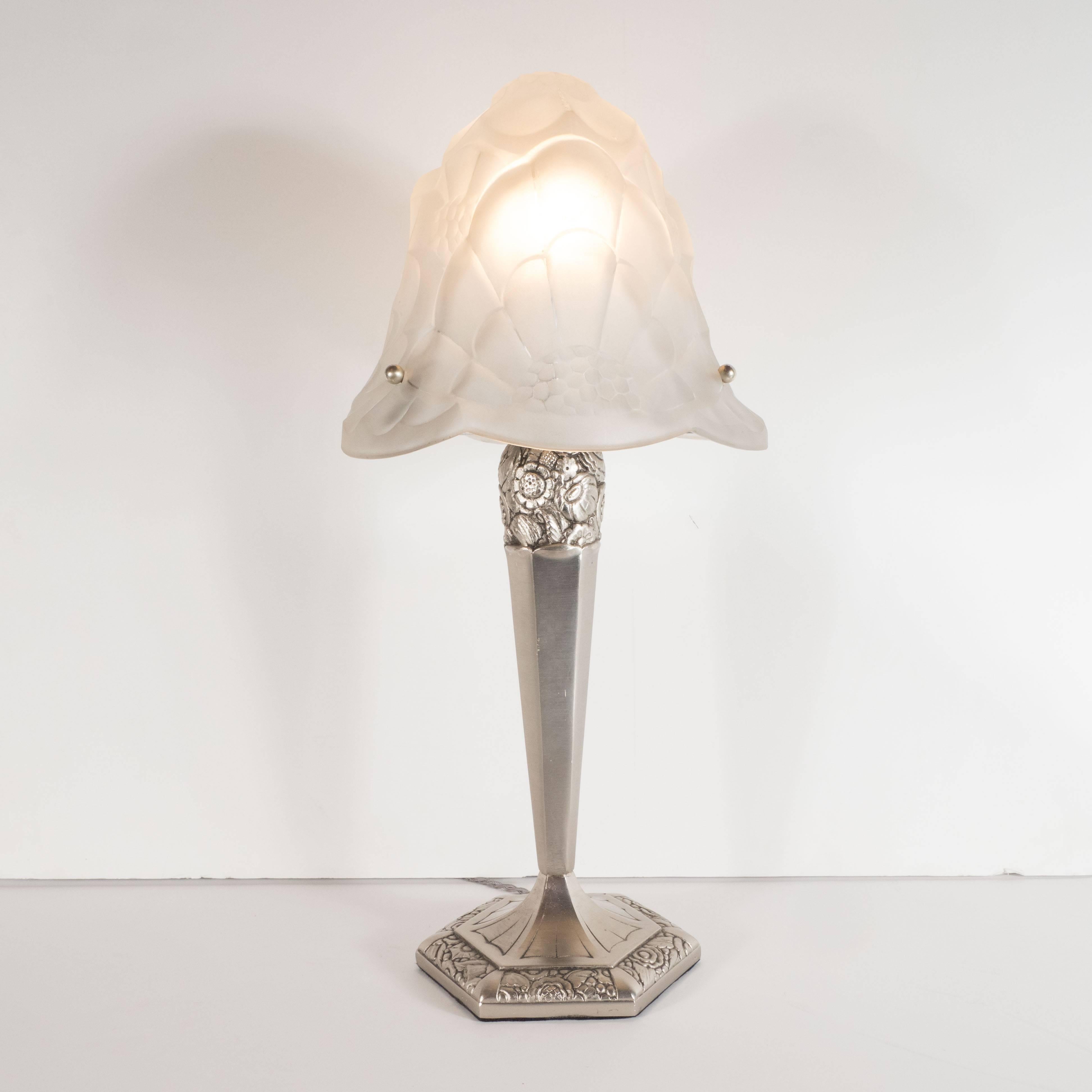 French Art Deco Frosted Glass Shade on Silvered Bronze Base Signed by Degue In Excellent Condition In New York, NY