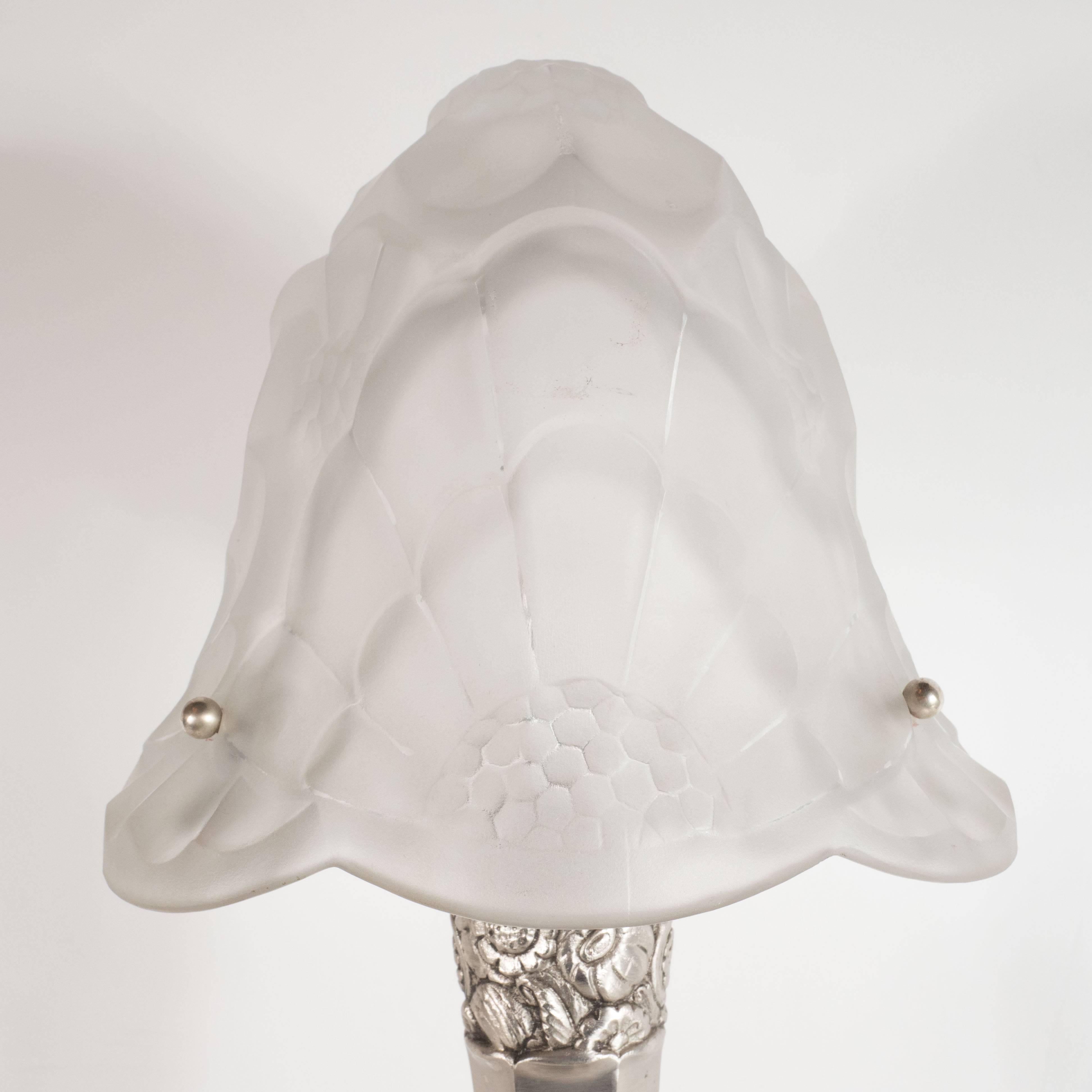 Mid-20th Century French Art Deco Frosted Glass Shade on Silvered Bronze Base Signed by Degue