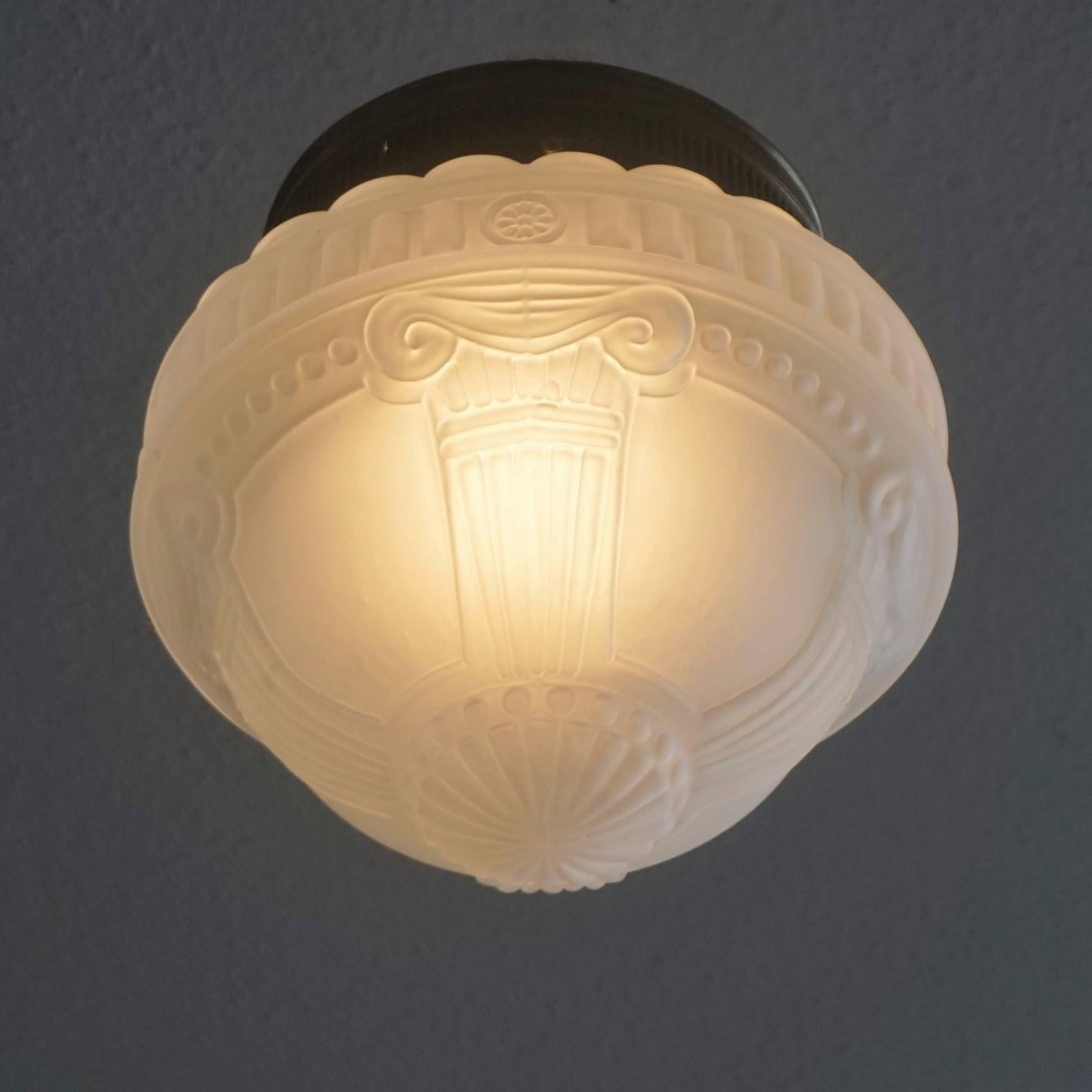 French Art Deco Frosted High Relief Glass Two-Light Ceiling Light Fixture, 1930s For Sale 5