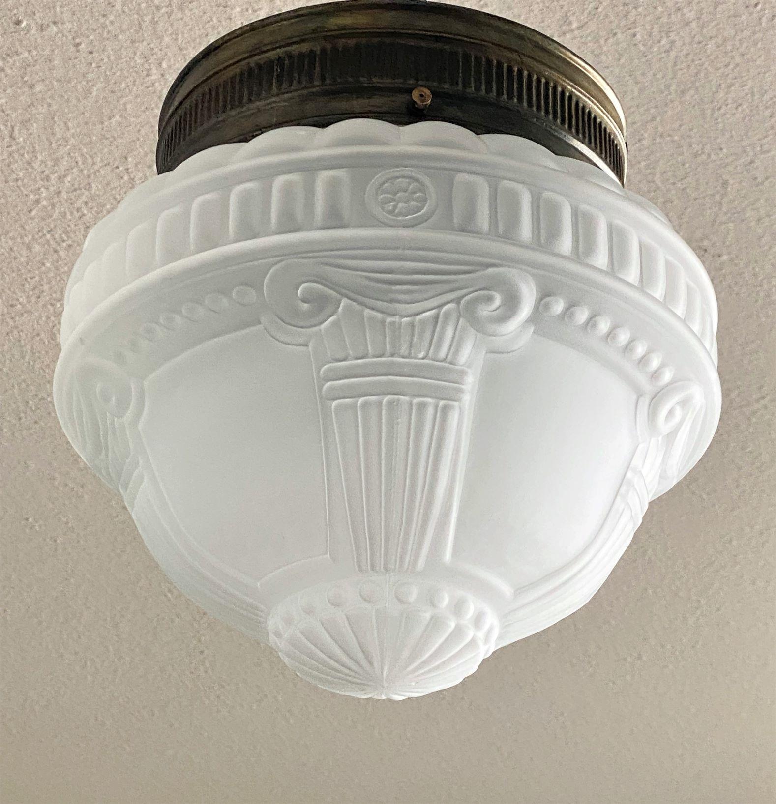 Brass French Art Deco Frosted Art Glass Two-Light Flush Mount Ceiling Light, 1930s For Sale