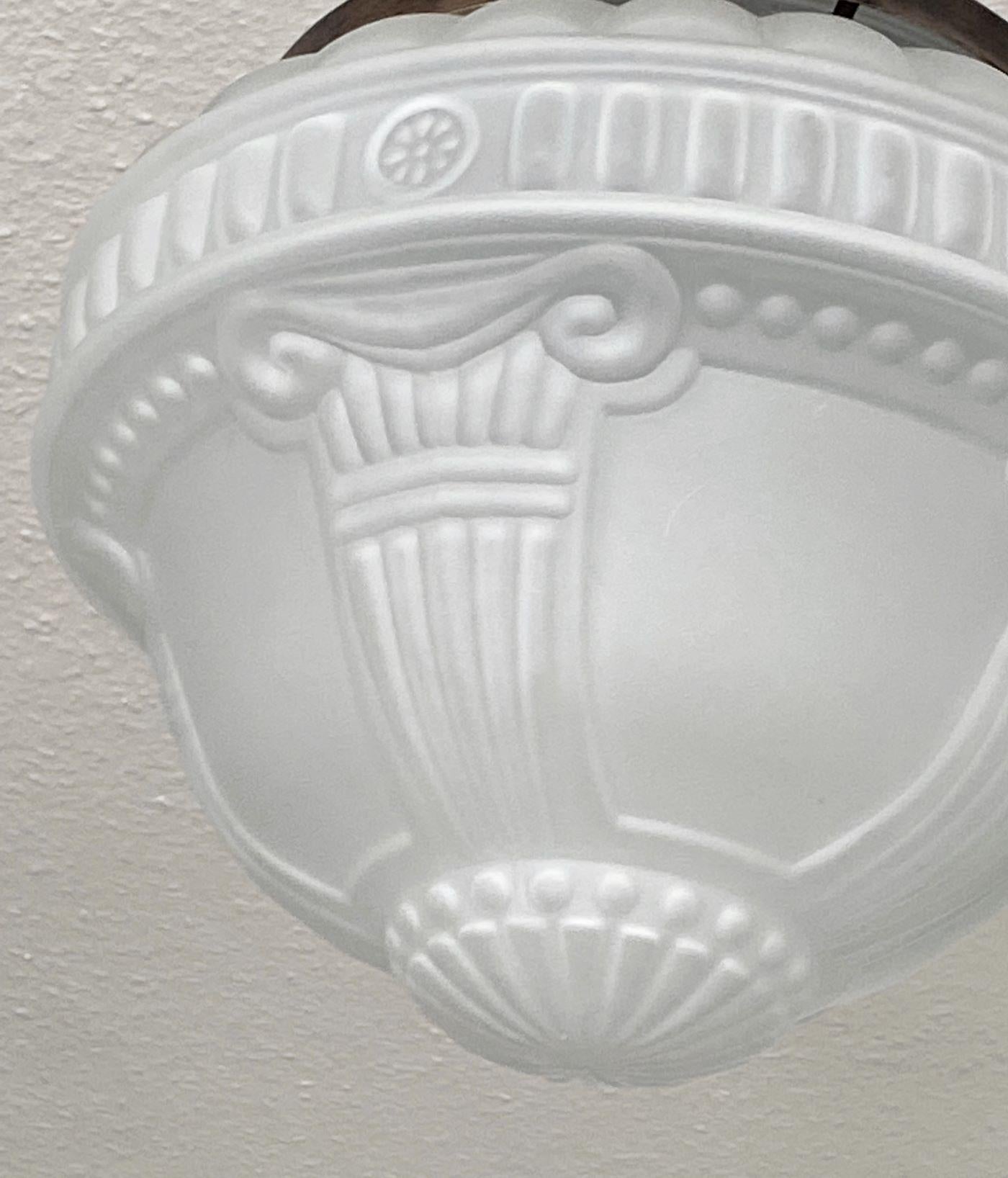 French Art Deco Frosted Art Glass Two-Light Flush Mount Ceiling Light, 1930s For Sale 1